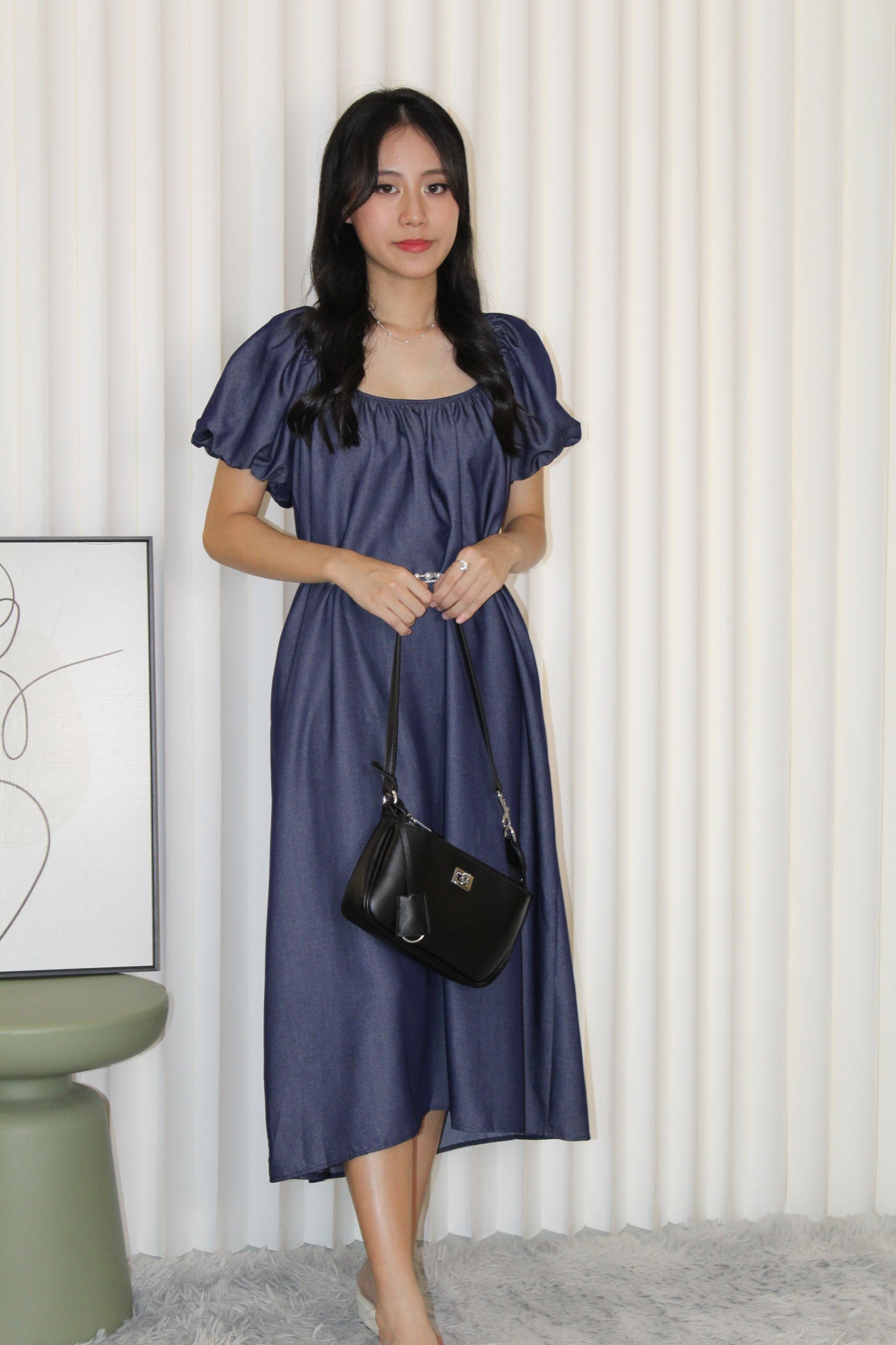 Delaney Puffy Straight Midi Dress (Blue)