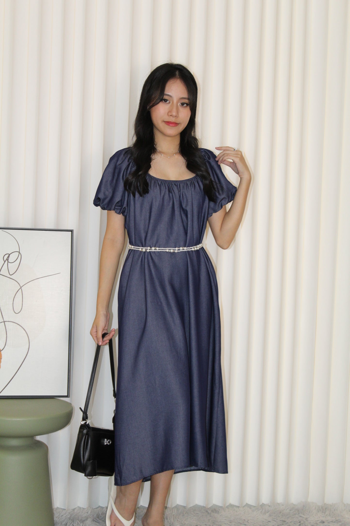 Delaney Puffy Straight Midi Dress (Blue)