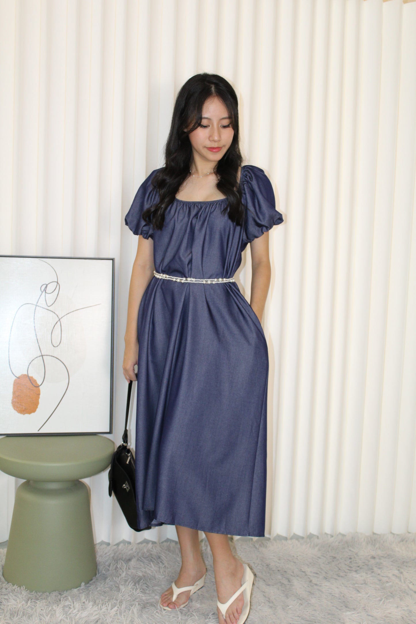 Delaney Puffy Straight Midi Dress (Blue)