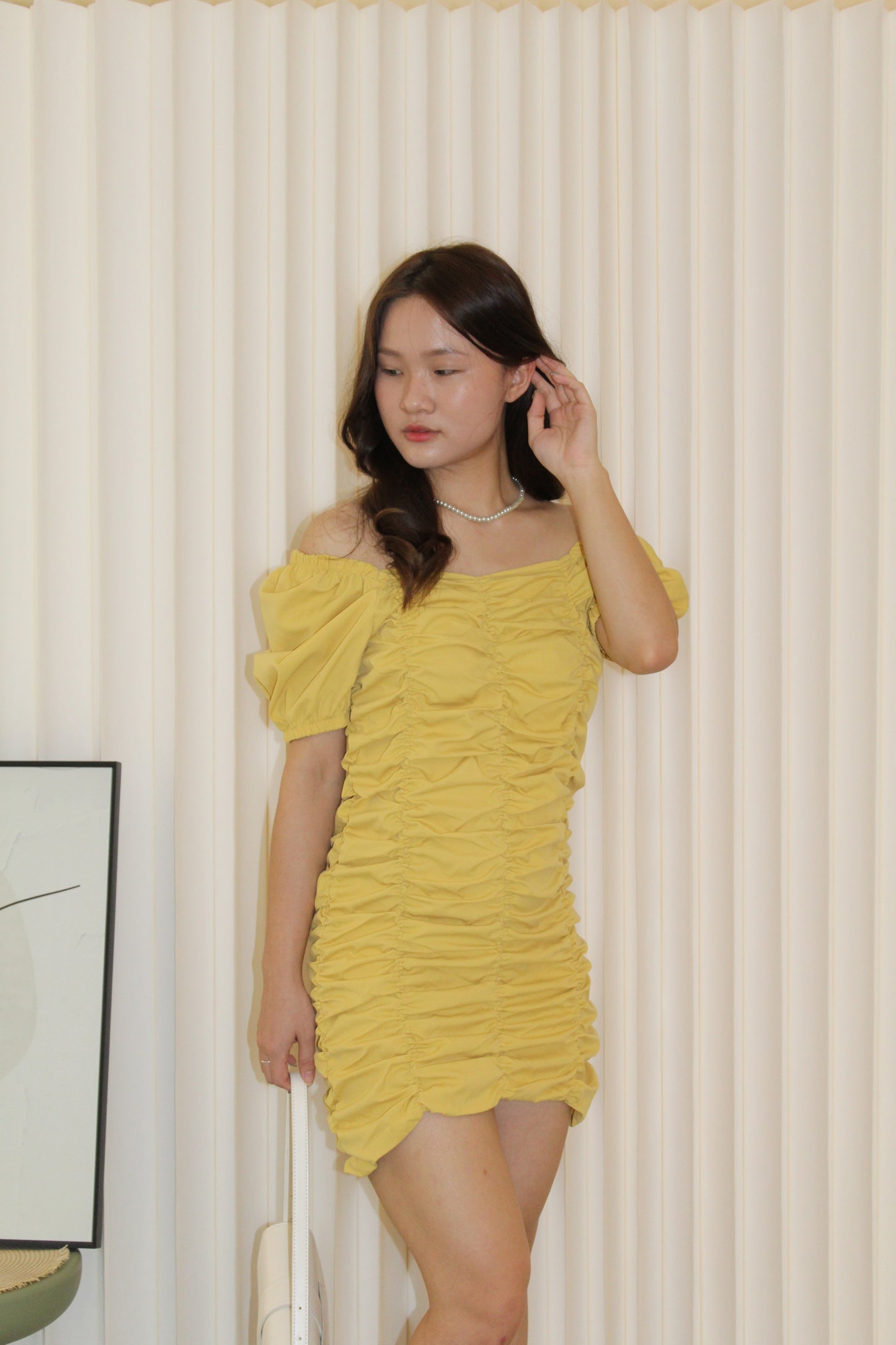 Nyssa Puff Sleeve Ruched Dress (Yellow)