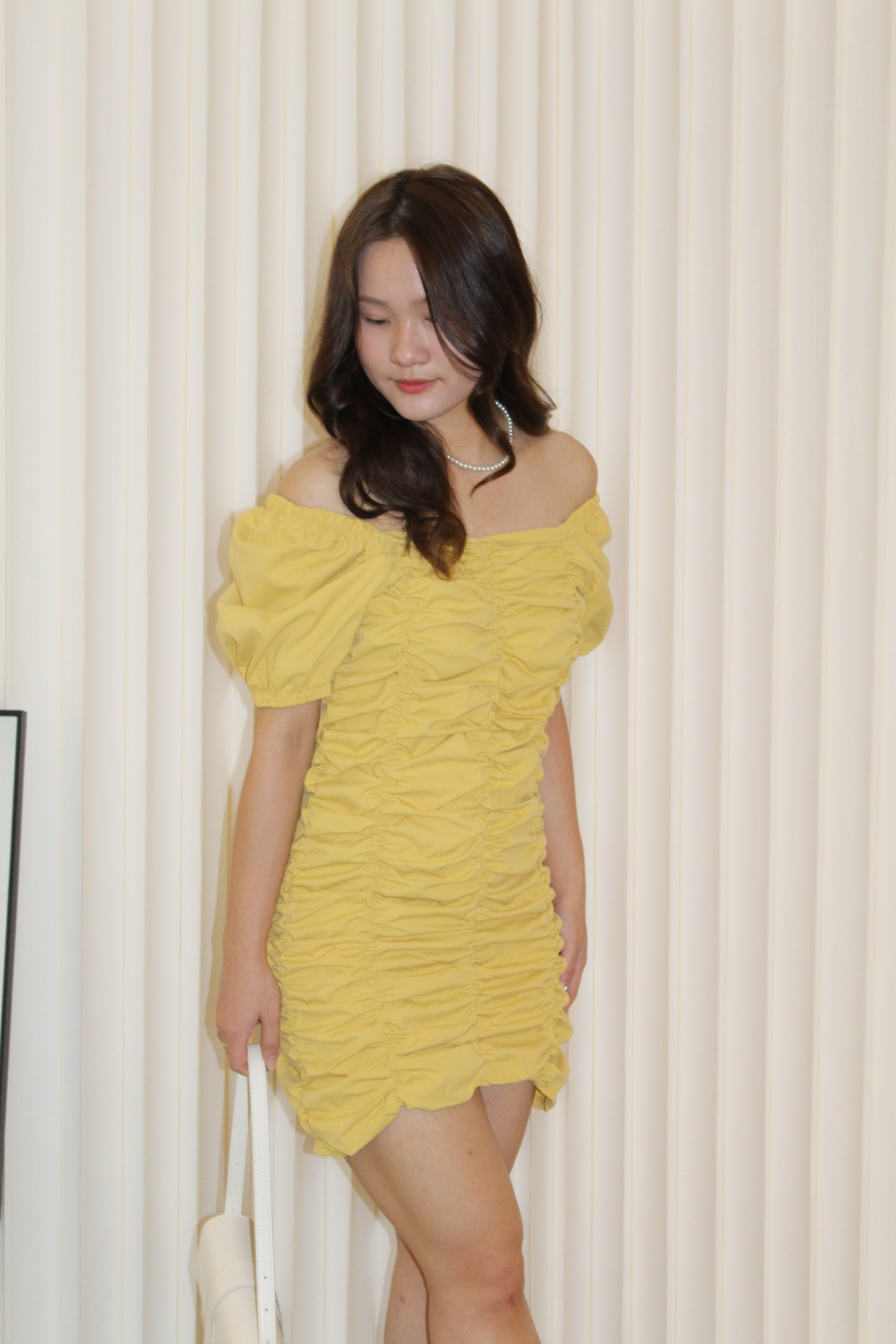 Nyssa Puff Sleeve Ruched Dress (Yellow)