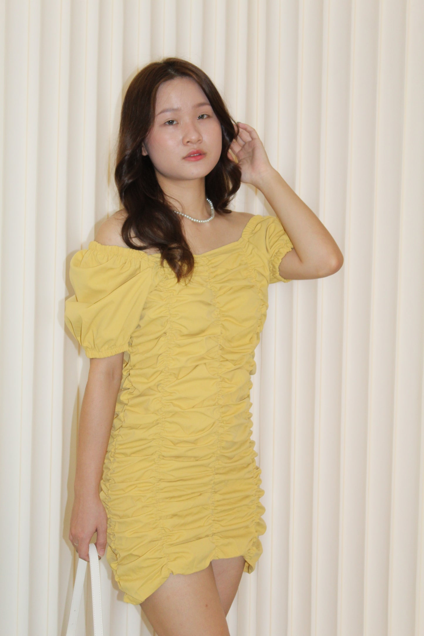 Nyssa Puff Sleeve Ruched Dress (Yellow)