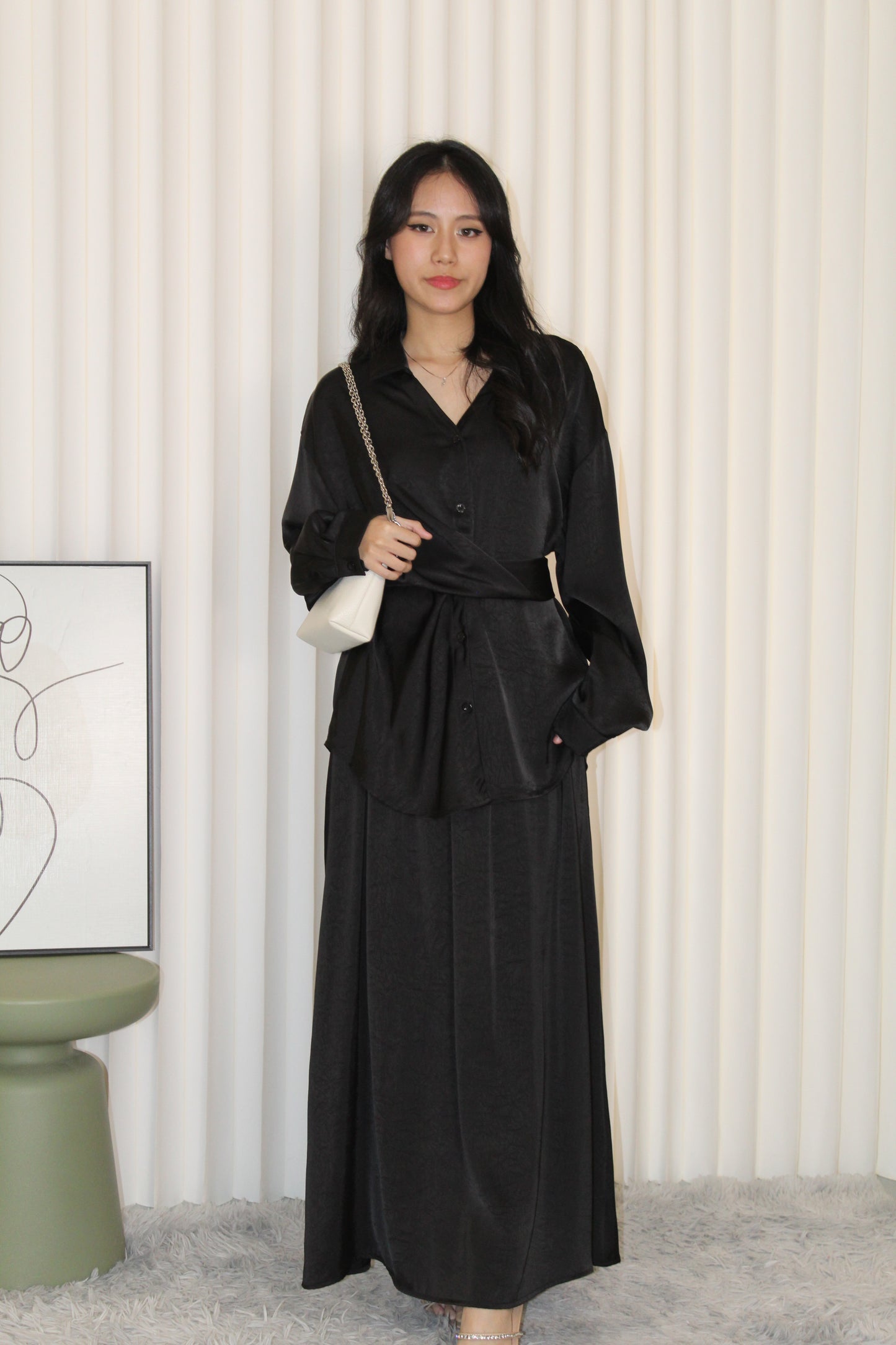 Calluna Satin Two Piece Skirt Set (Black)