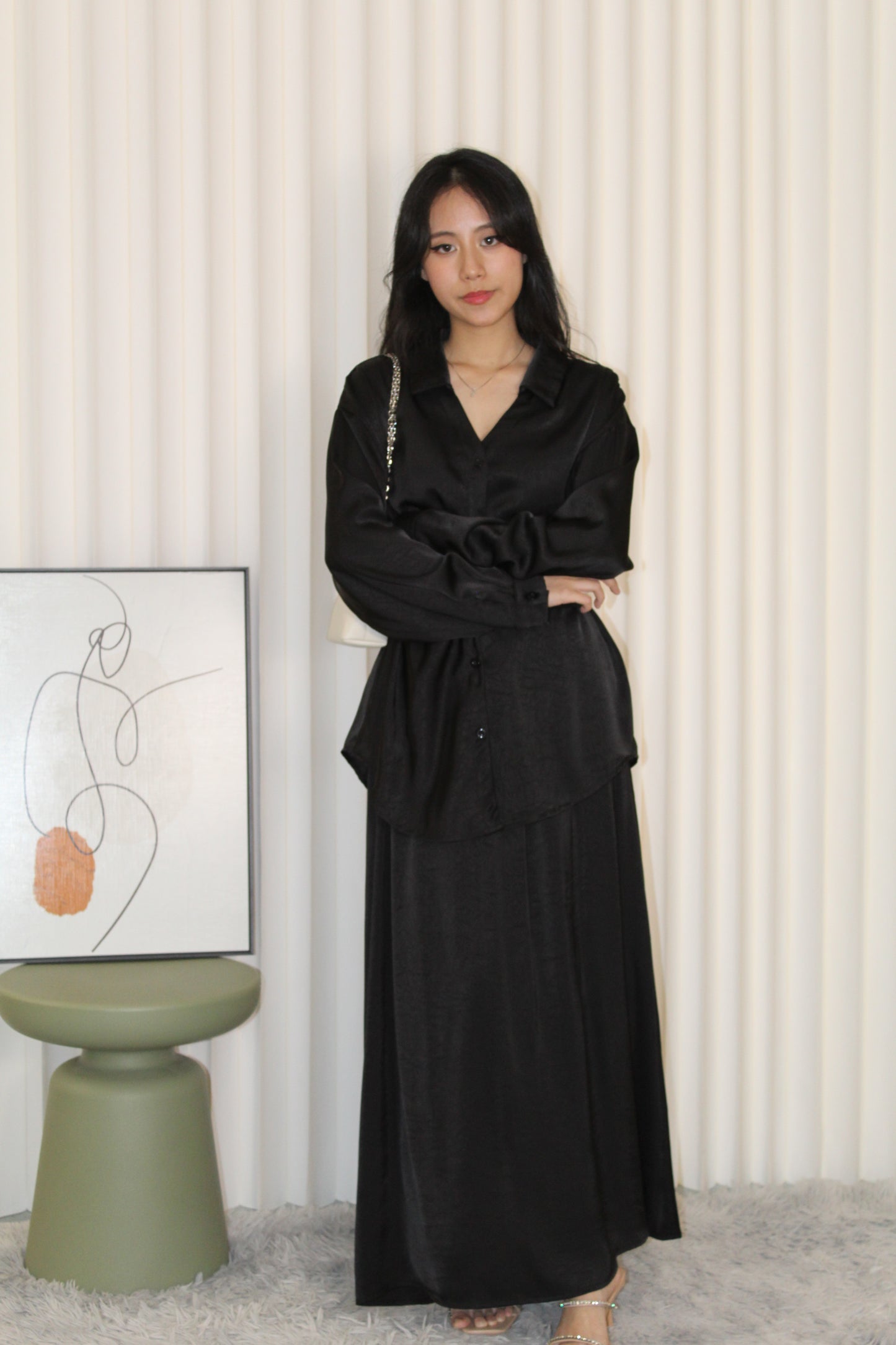 Calluna Satin Two Piece Skirt Set (Black)