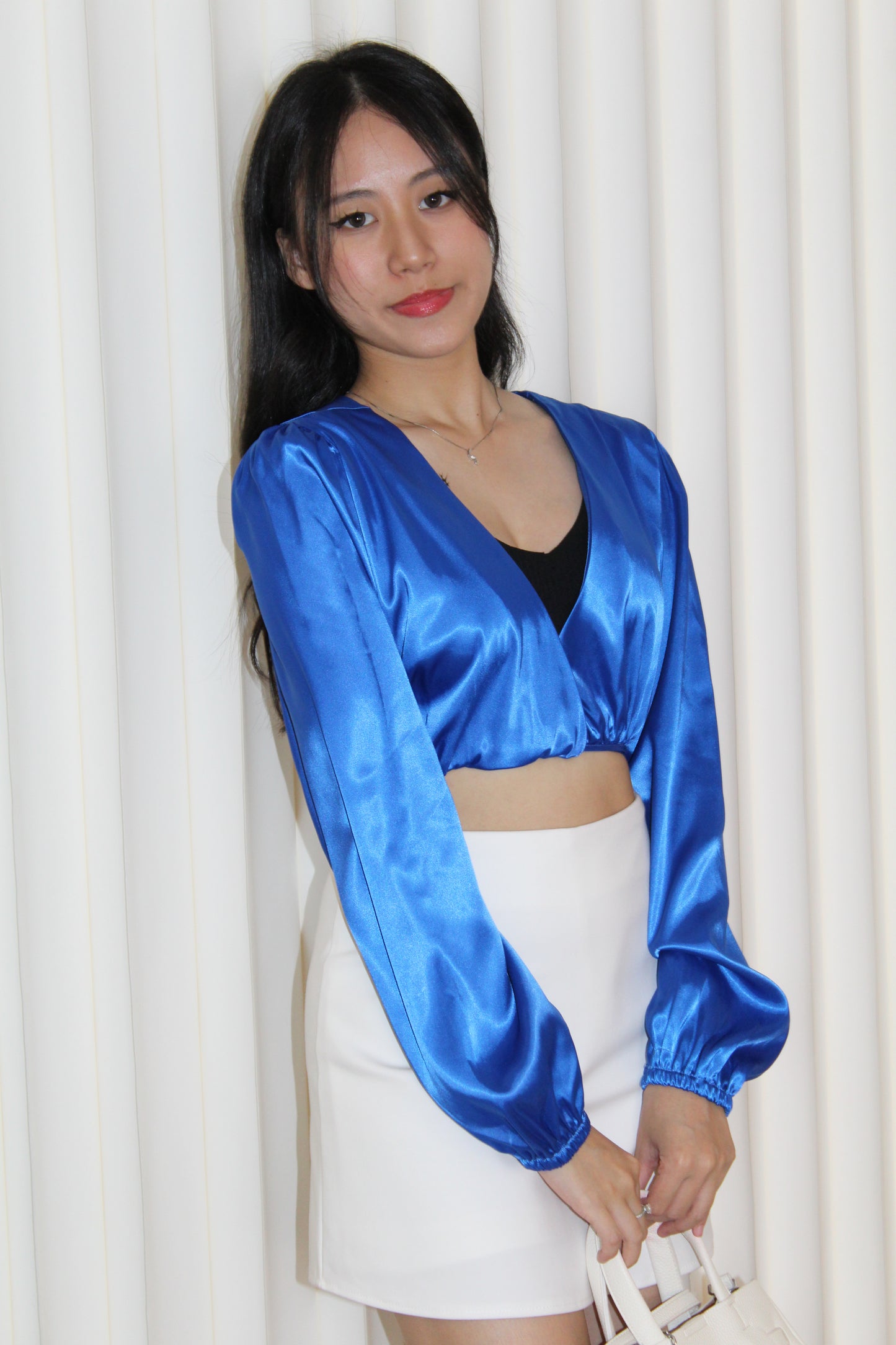 Slimey Satin Long Sleeve Crop Top (Blue)