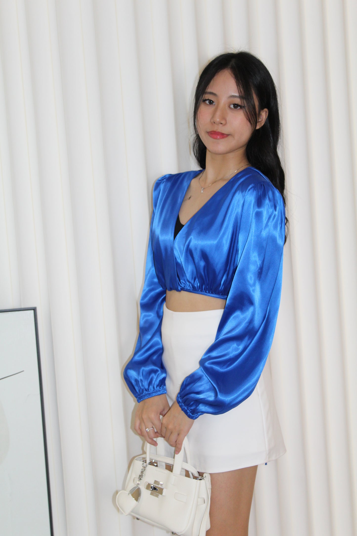 Slimey Satin Long Sleeve Crop Top (Blue)