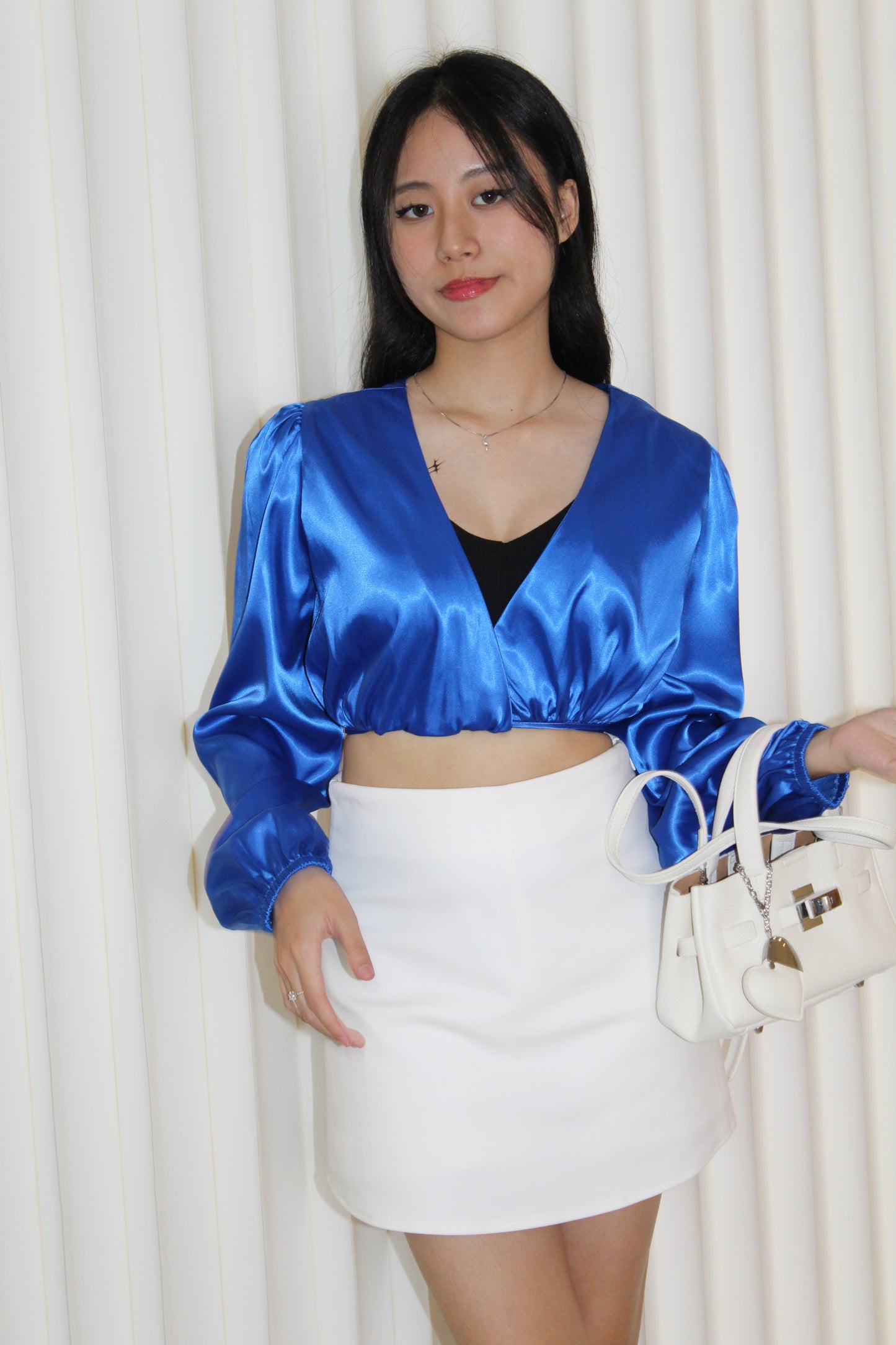 Slimey Satin Long Sleeve Crop Top (Blue)