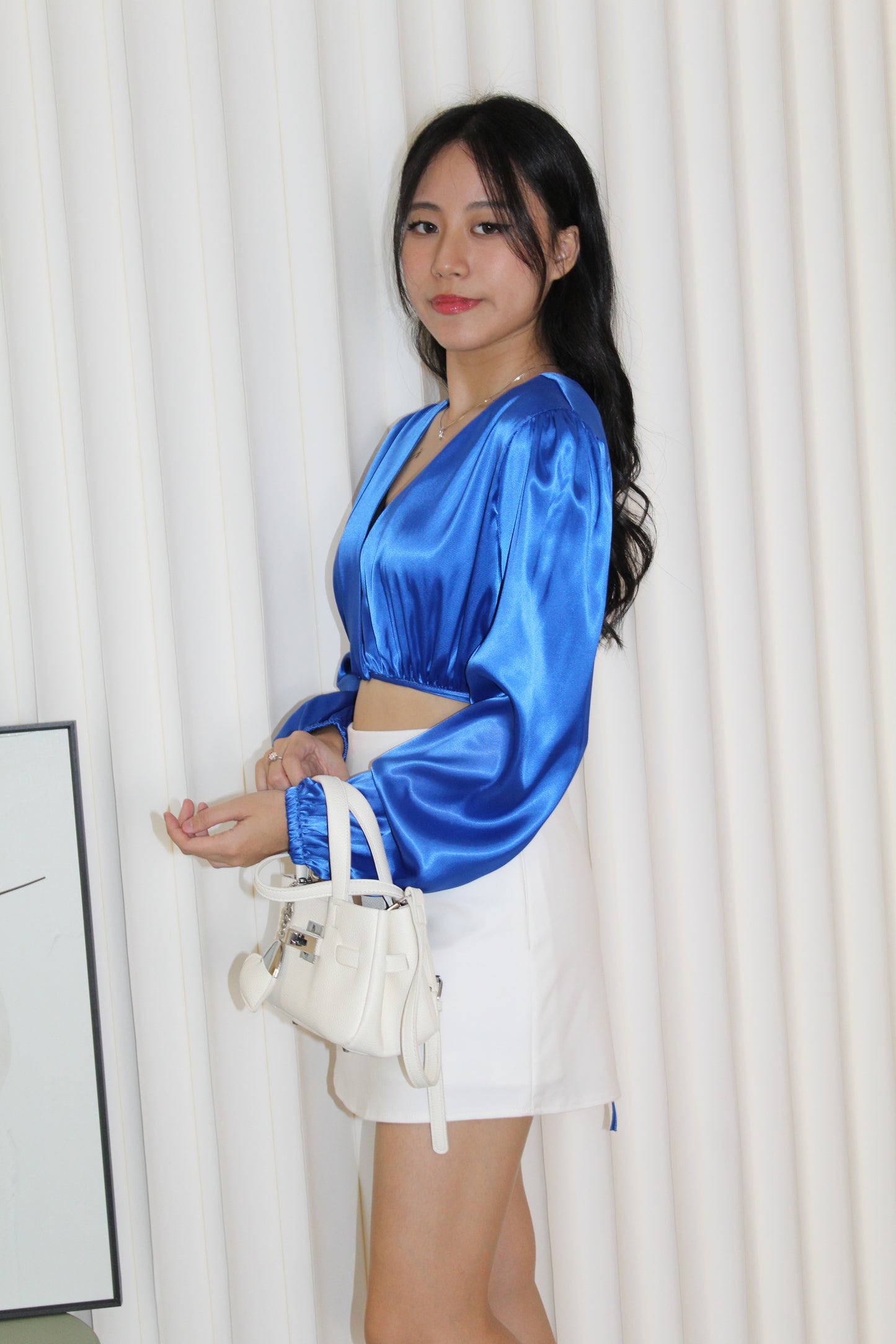 Slimey Satin Long Sleeve Crop Top (Blue)