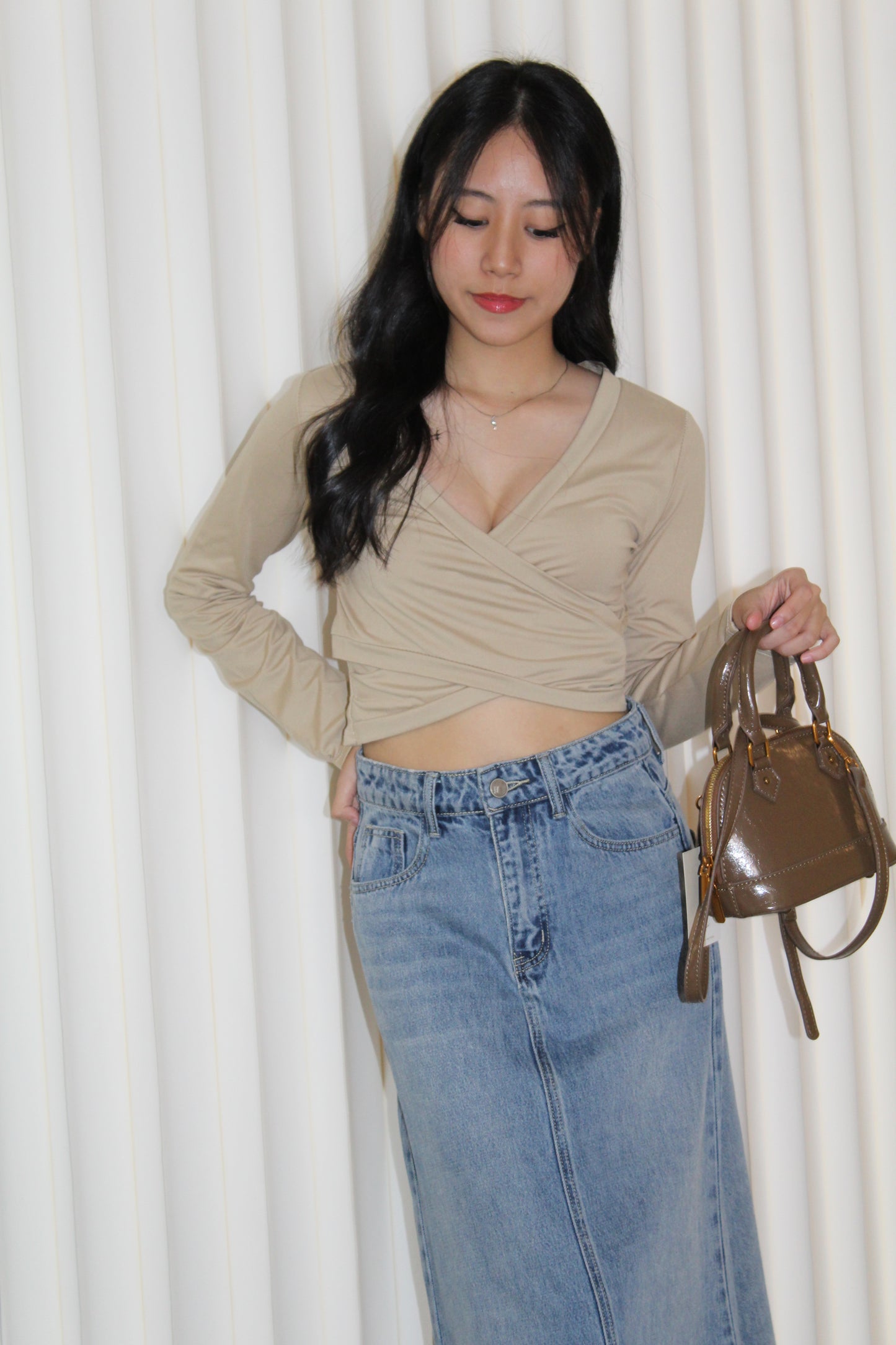 Amber Cross Long Sleeve Top (Khaki)