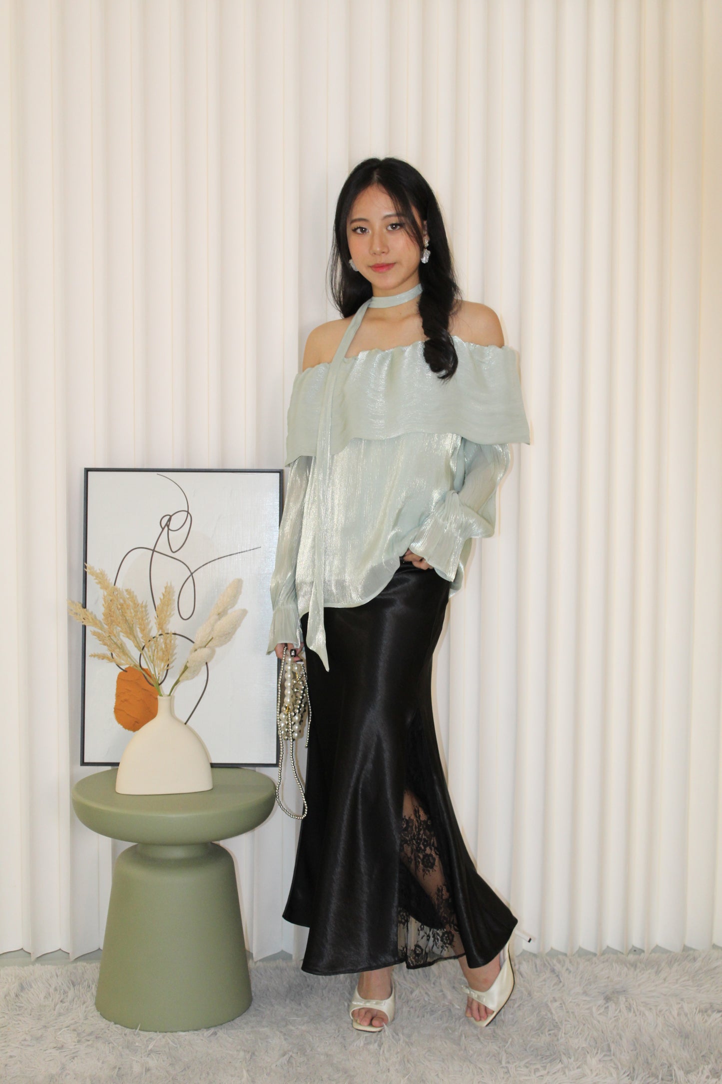 Daniela Satin Lace Maxi Skirt (Green)