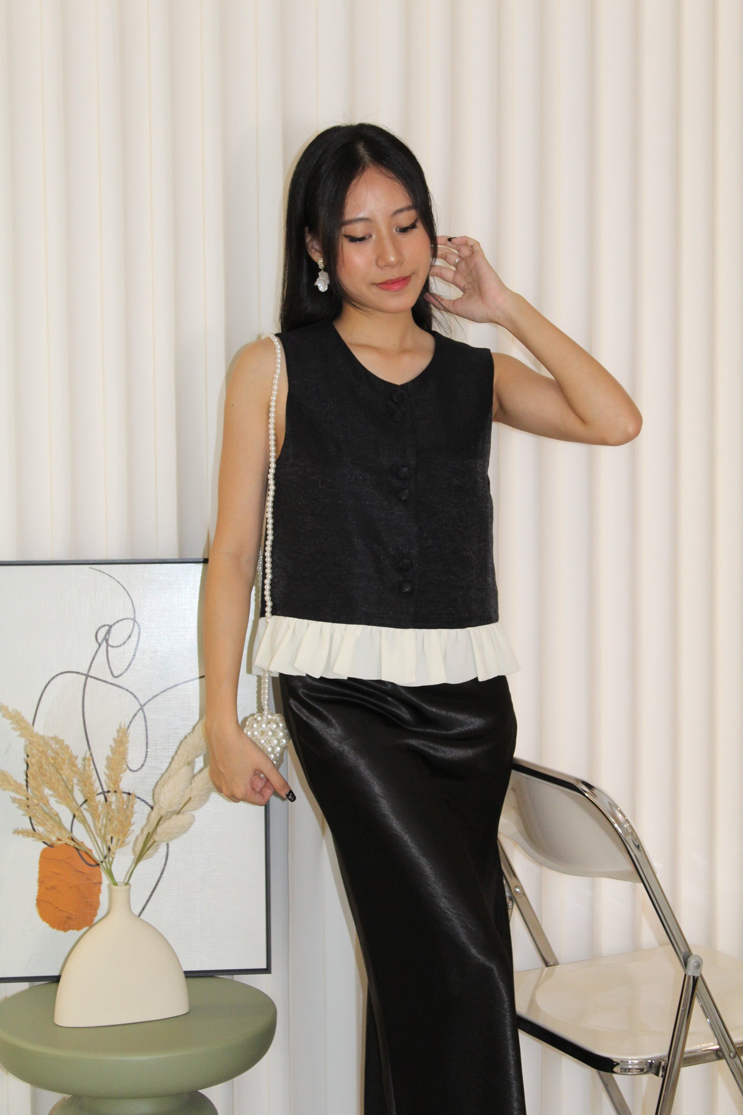 Caroline Vest Ruffle Top (Cream)