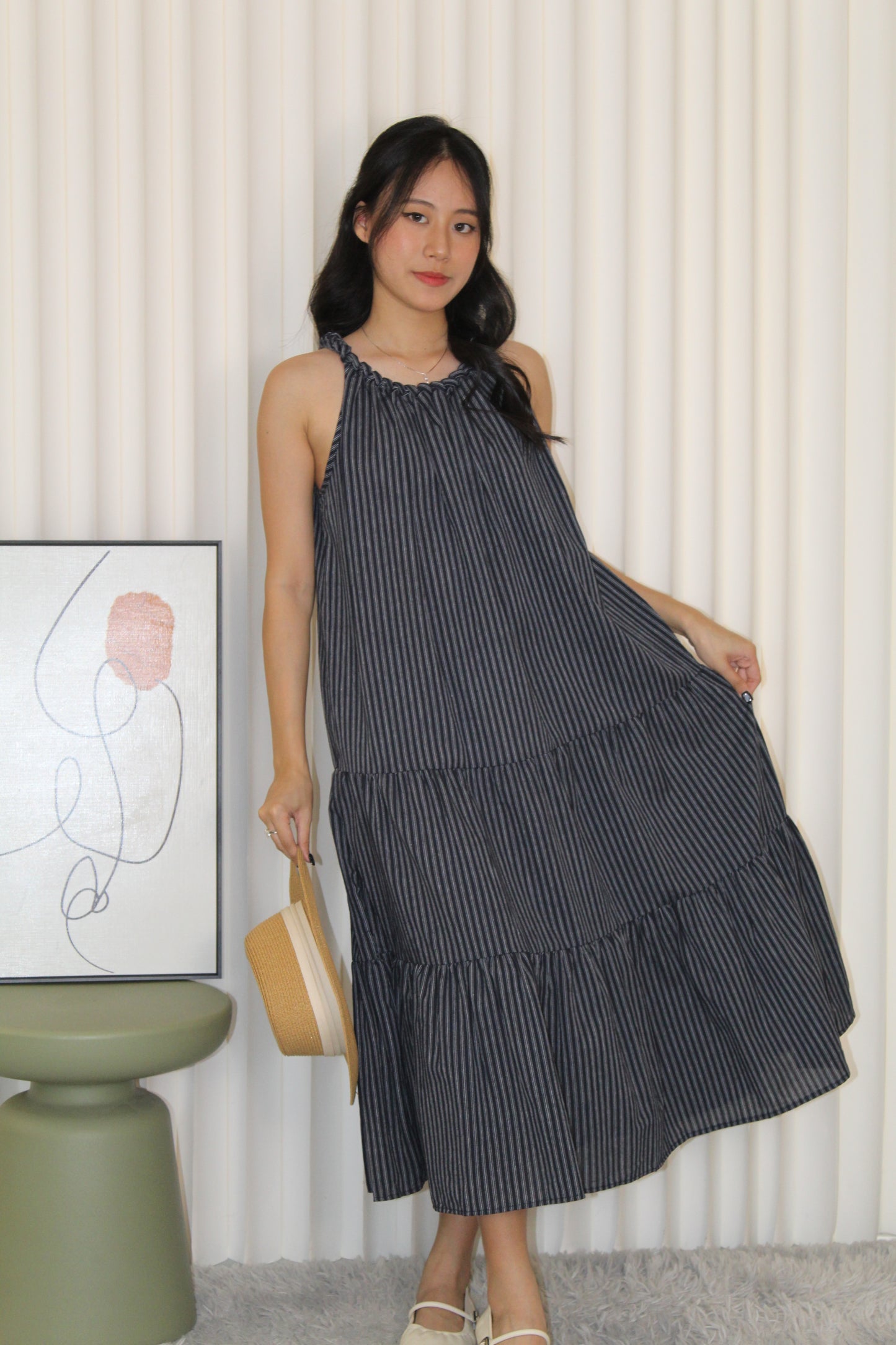 Peyton Stripes Halter Midi Dress (Dark Blue)