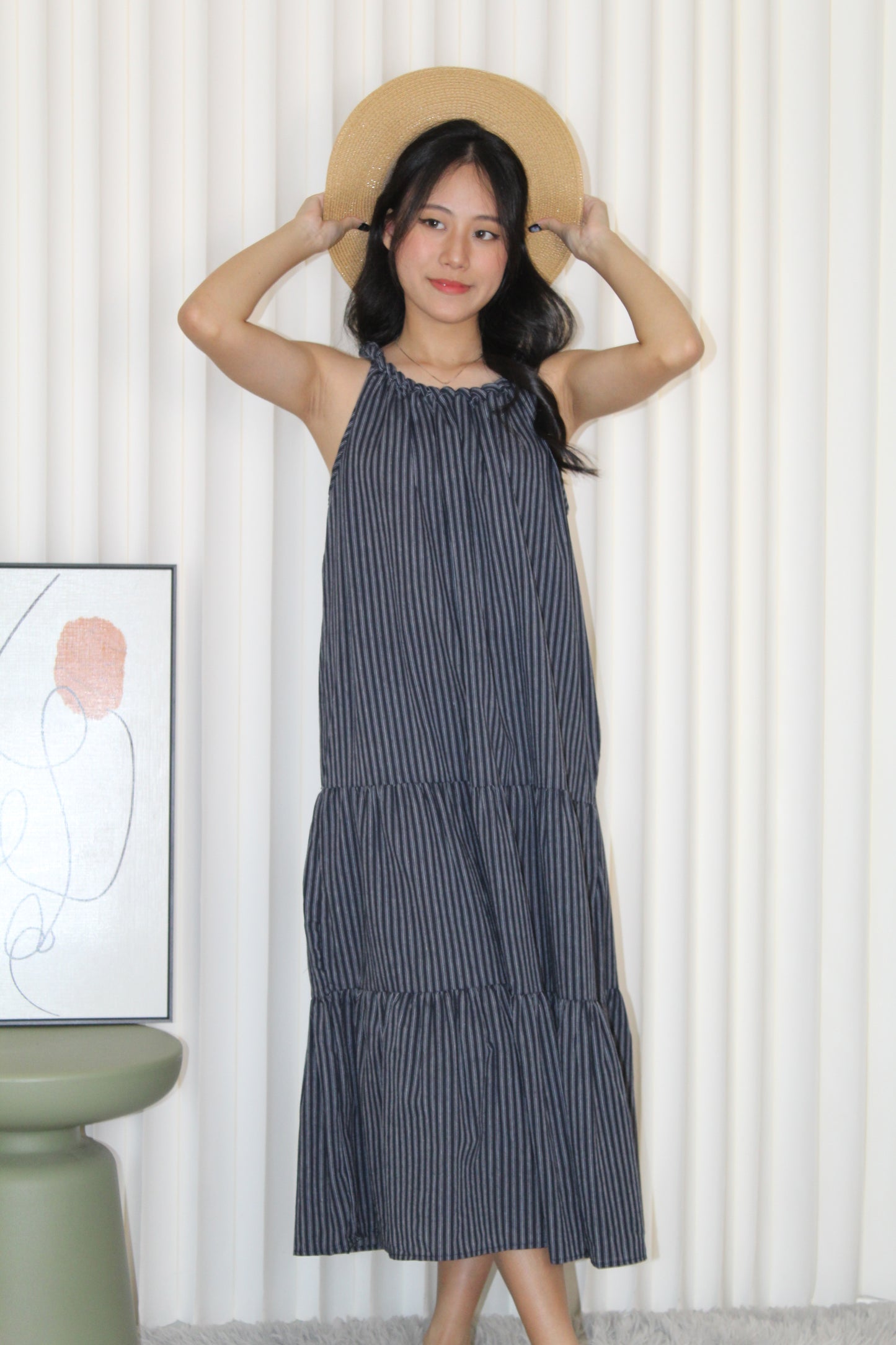 Peyton Stripes Halter Midi Dress (Dark Blue)