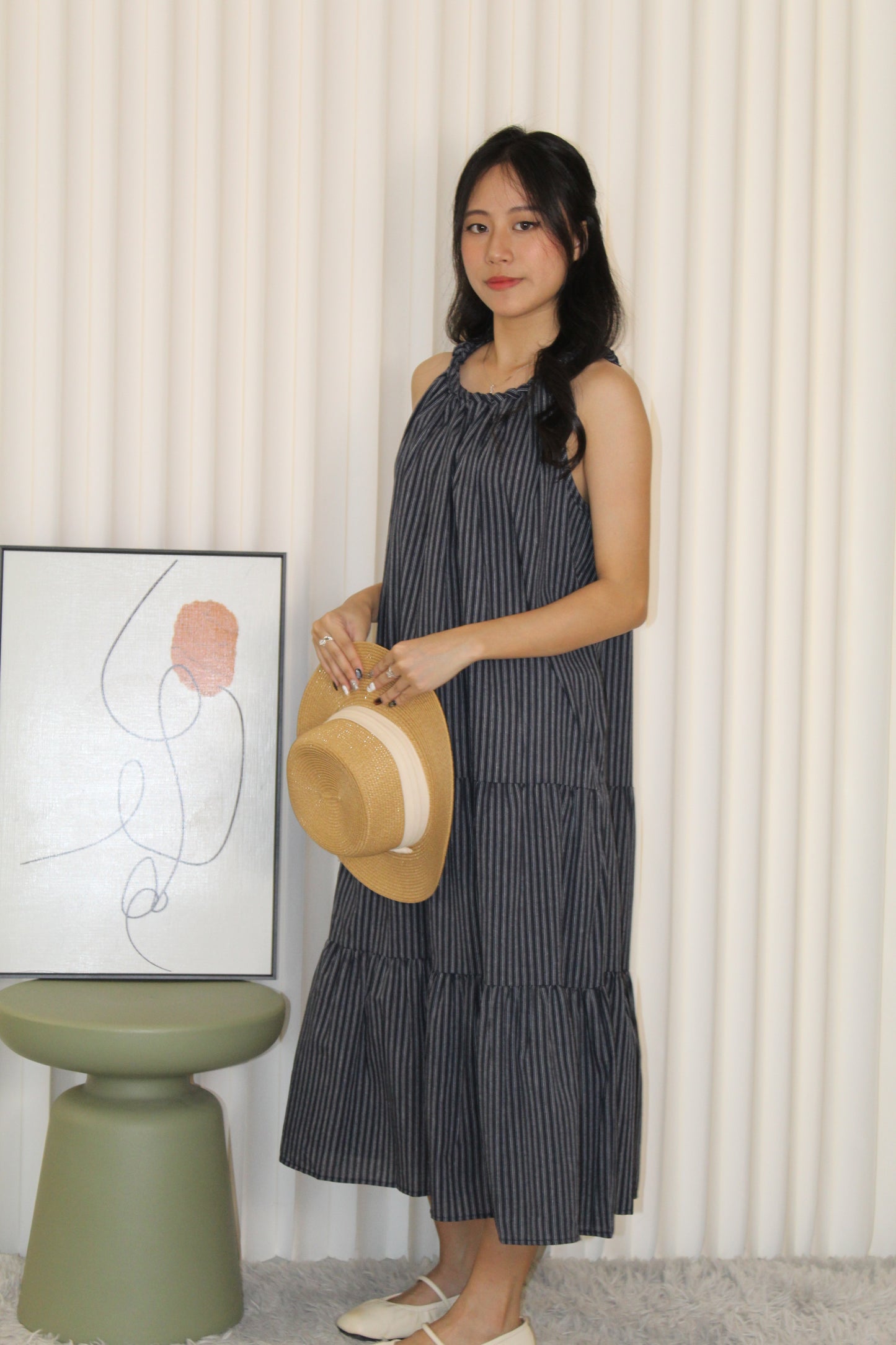 Peyton Stripes Halter Midi Dress (Dark Blue)