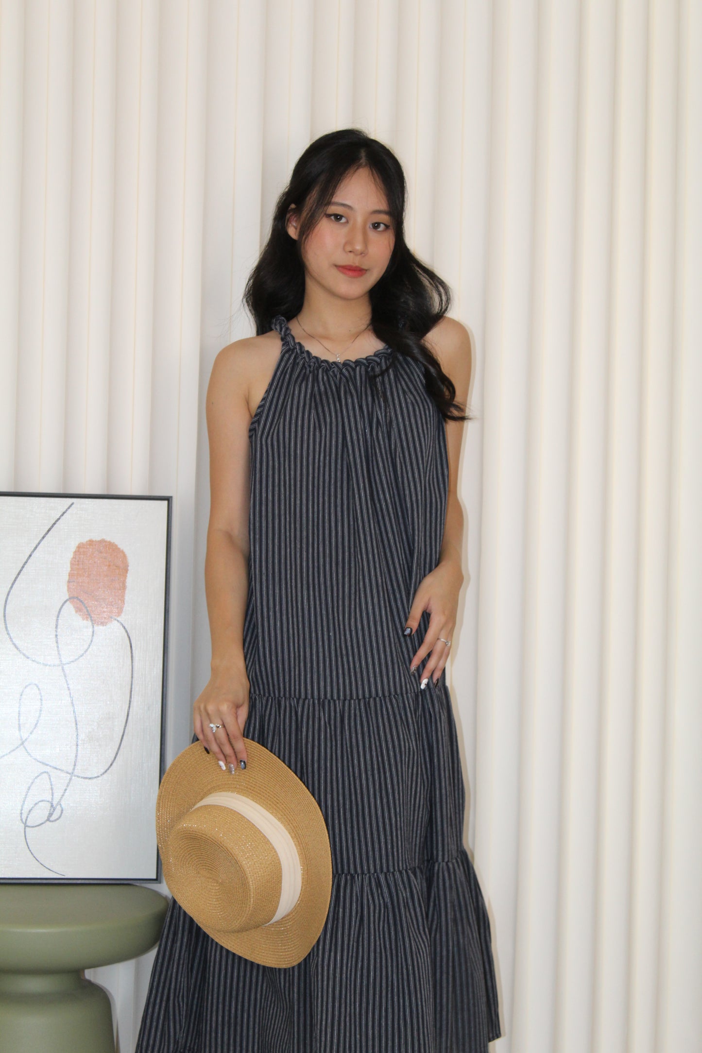 Peyton Stripes Halter Midi Dress (Dark Blue)