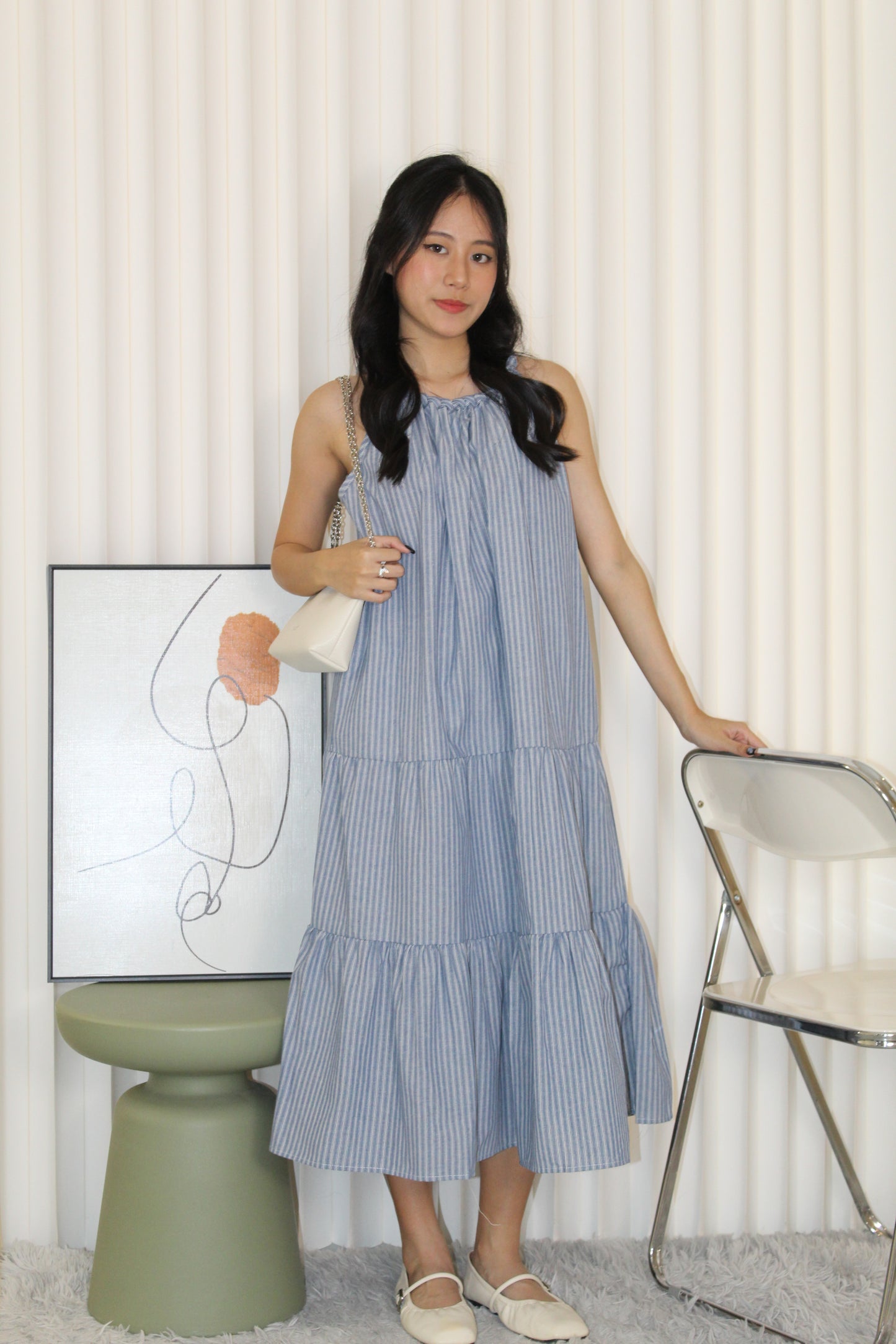 Peyton Stripes Halter Midi Dress (Dark Blue)