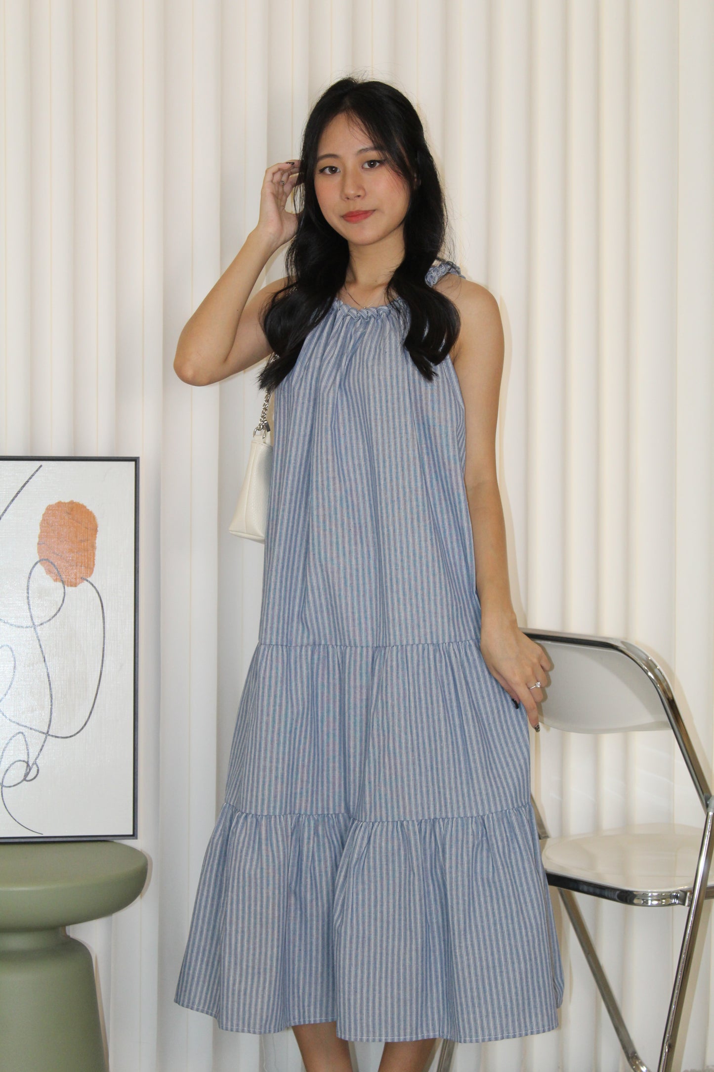 Peyton Stripes Halter Midi Dress (Dark Blue)