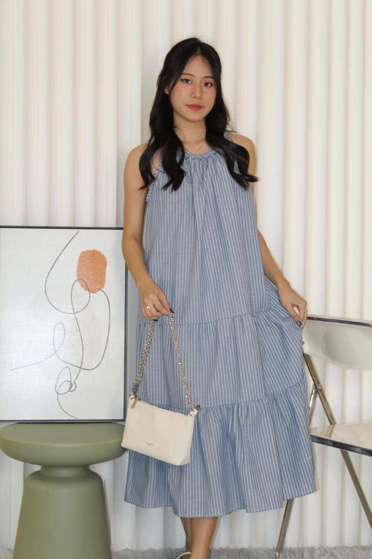 Peyton Stripes Halter Midi Dress (Dark Blue)