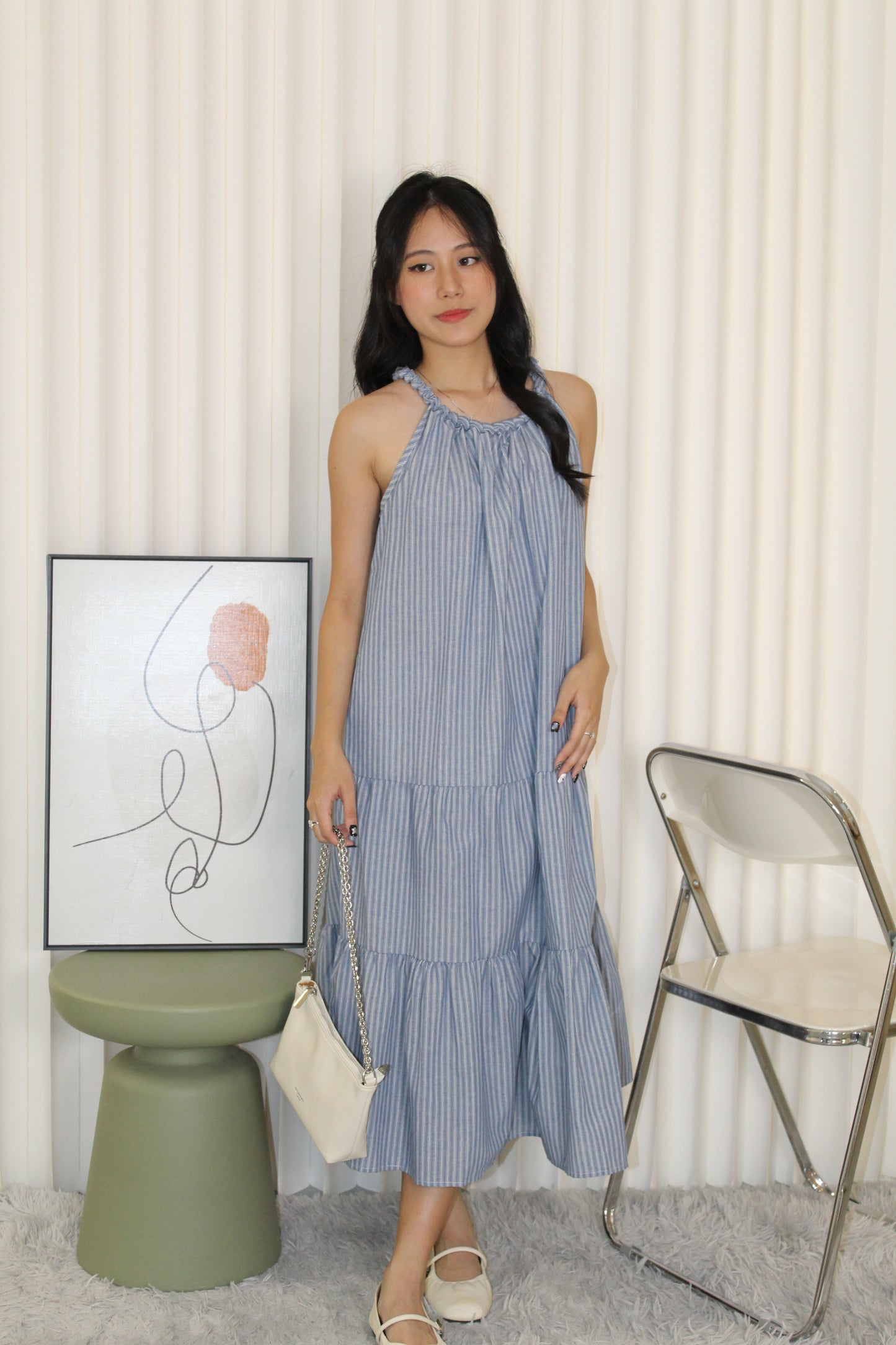 Peyton Stripes Halter Midi Dress (Dark Blue)