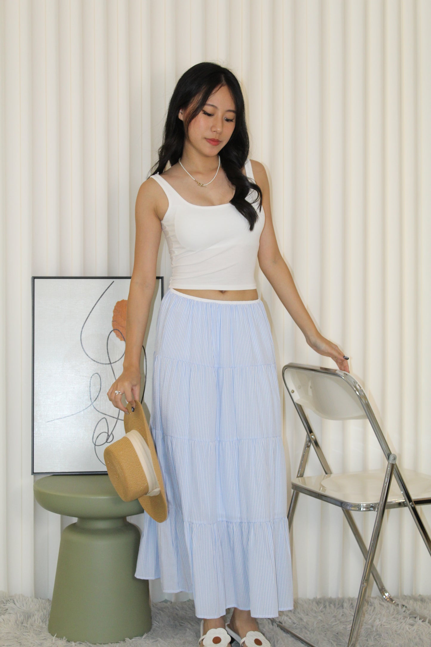 Skylar Stripes Layered Midi Skirt (Blue)