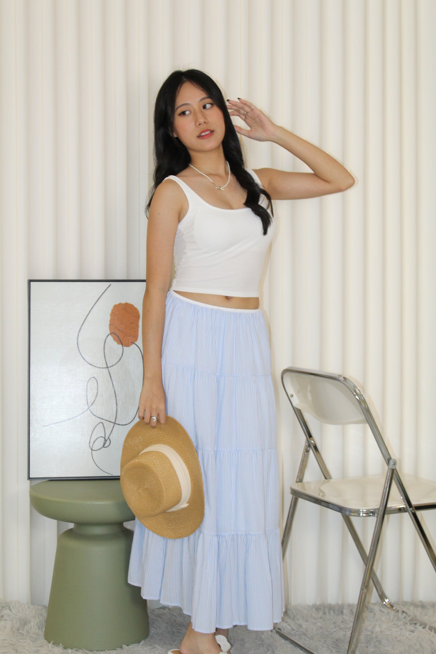 Skylar Stripes Layered Midi Skirt (Blue)