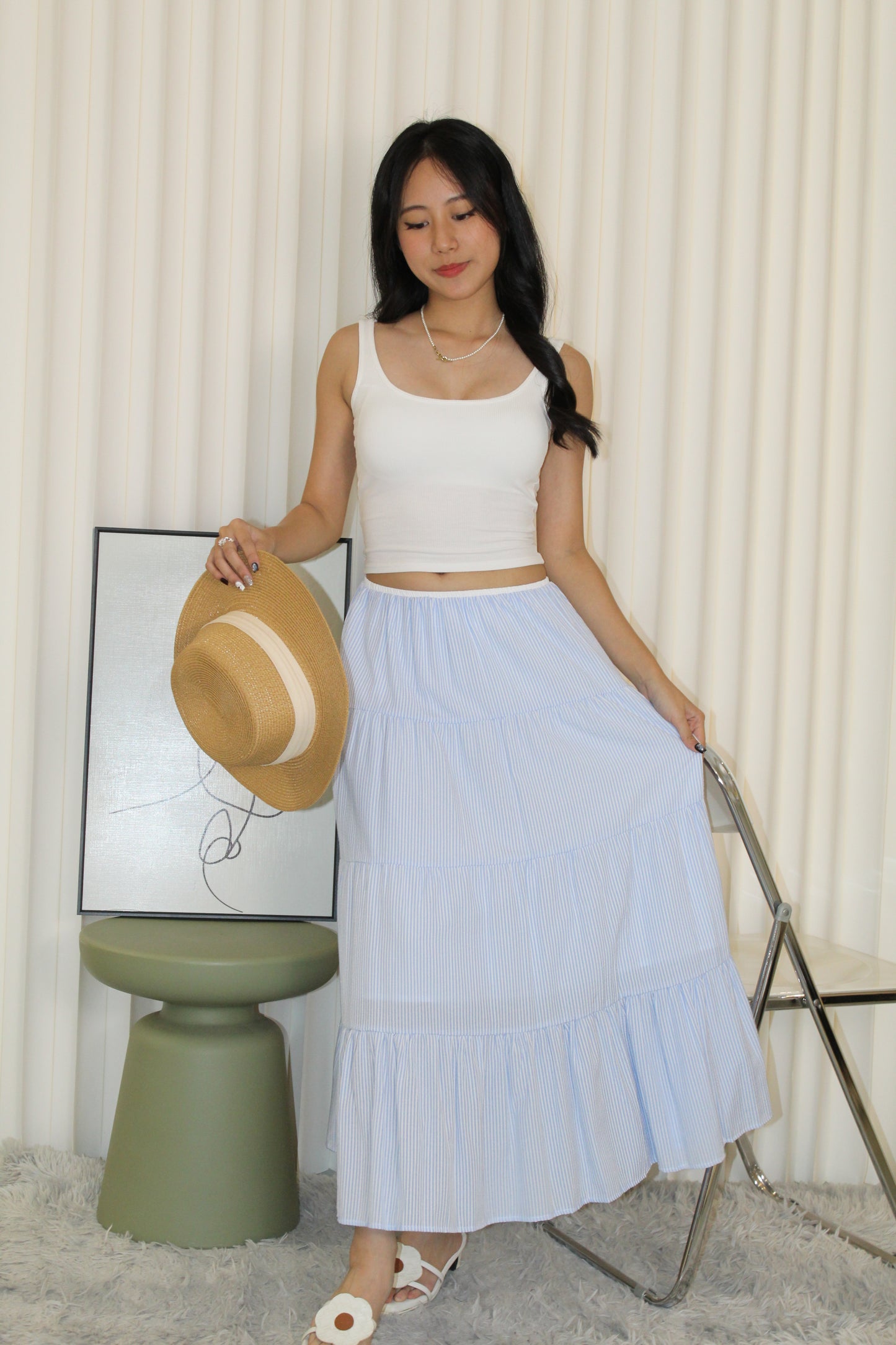 Skylar Stripes Layered Midi Skirt (Blue)