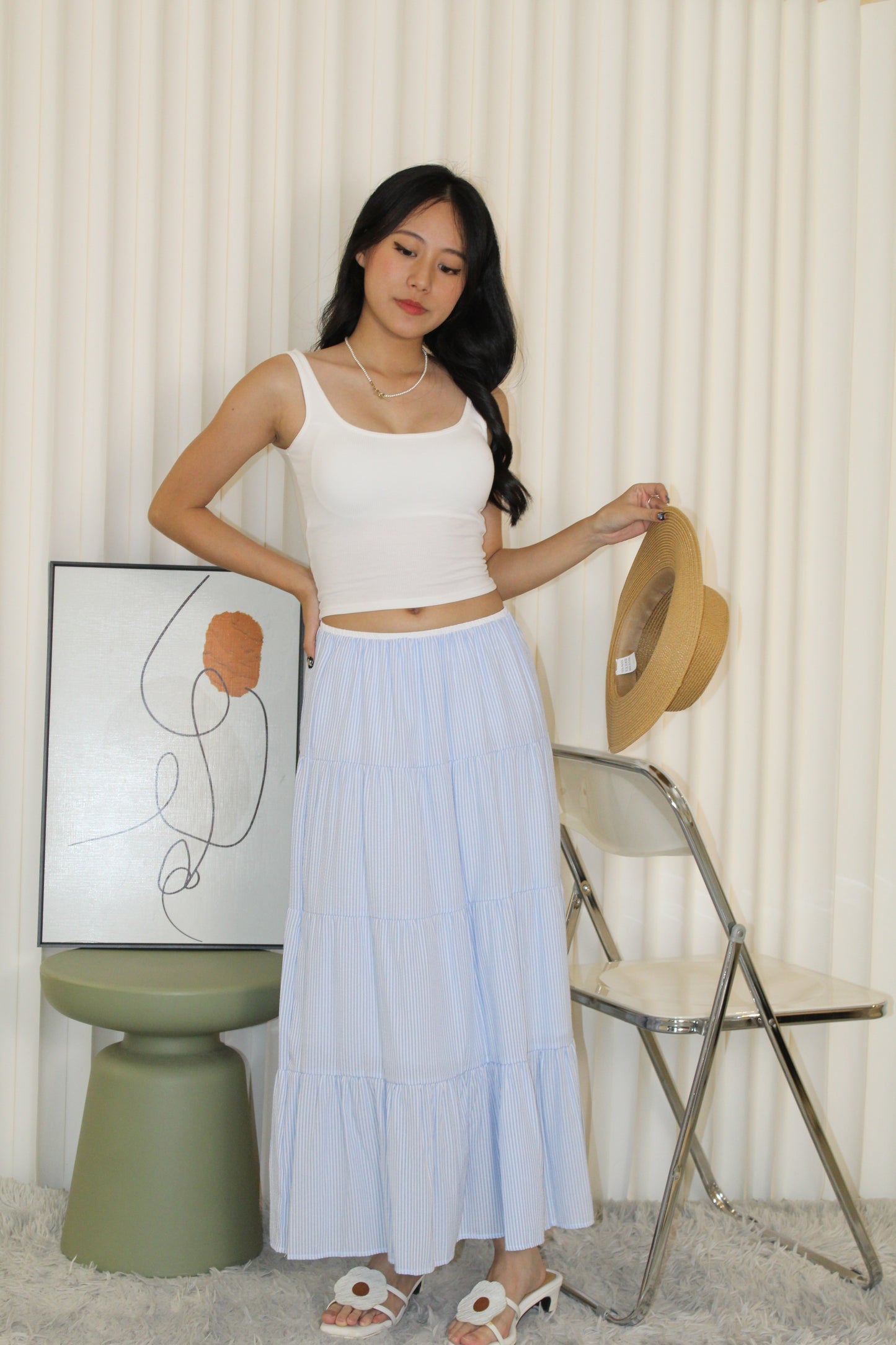 Skylar Stripes Layered Midi Skirt (Blue)