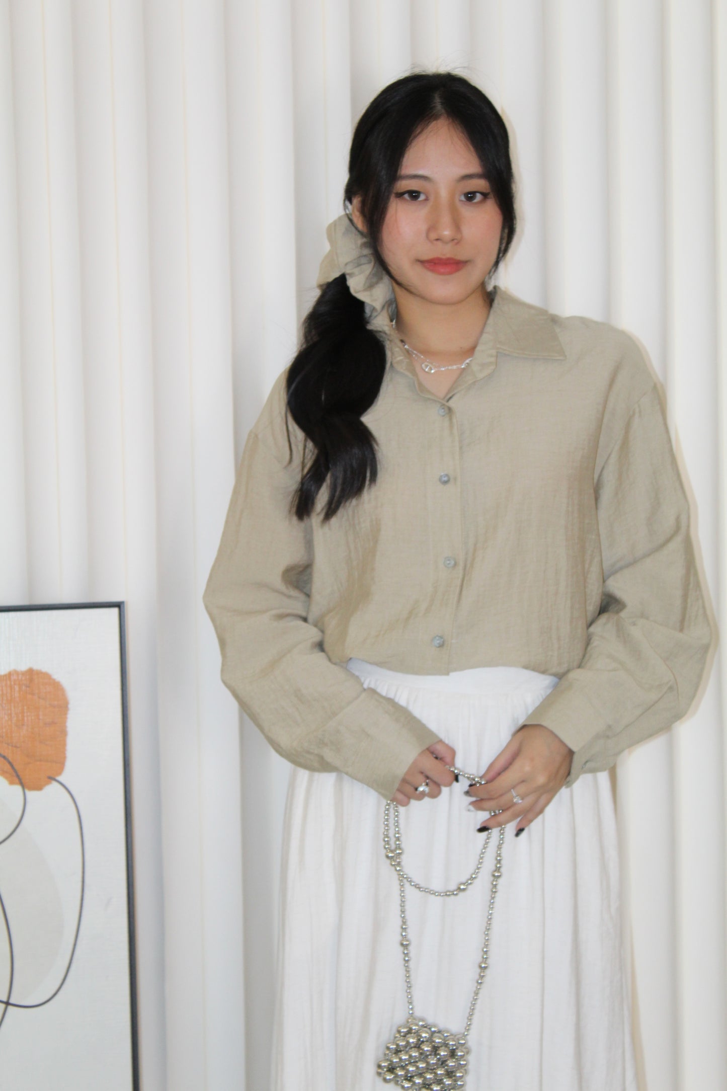 Joy Button Up Blouse Top (Khaki)