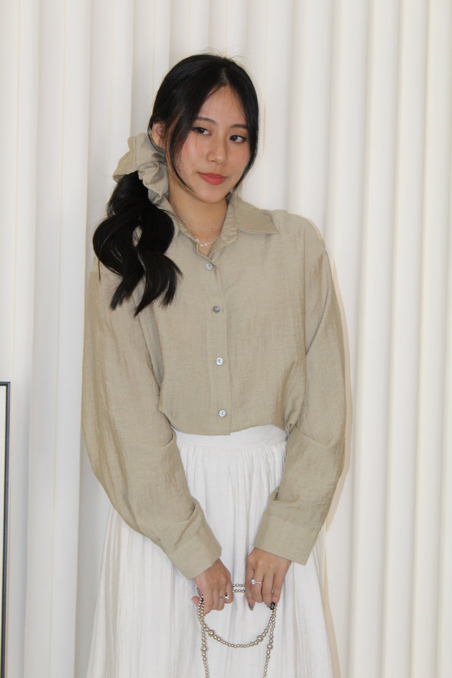 Joy Button Up Blouse Top (Khaki)