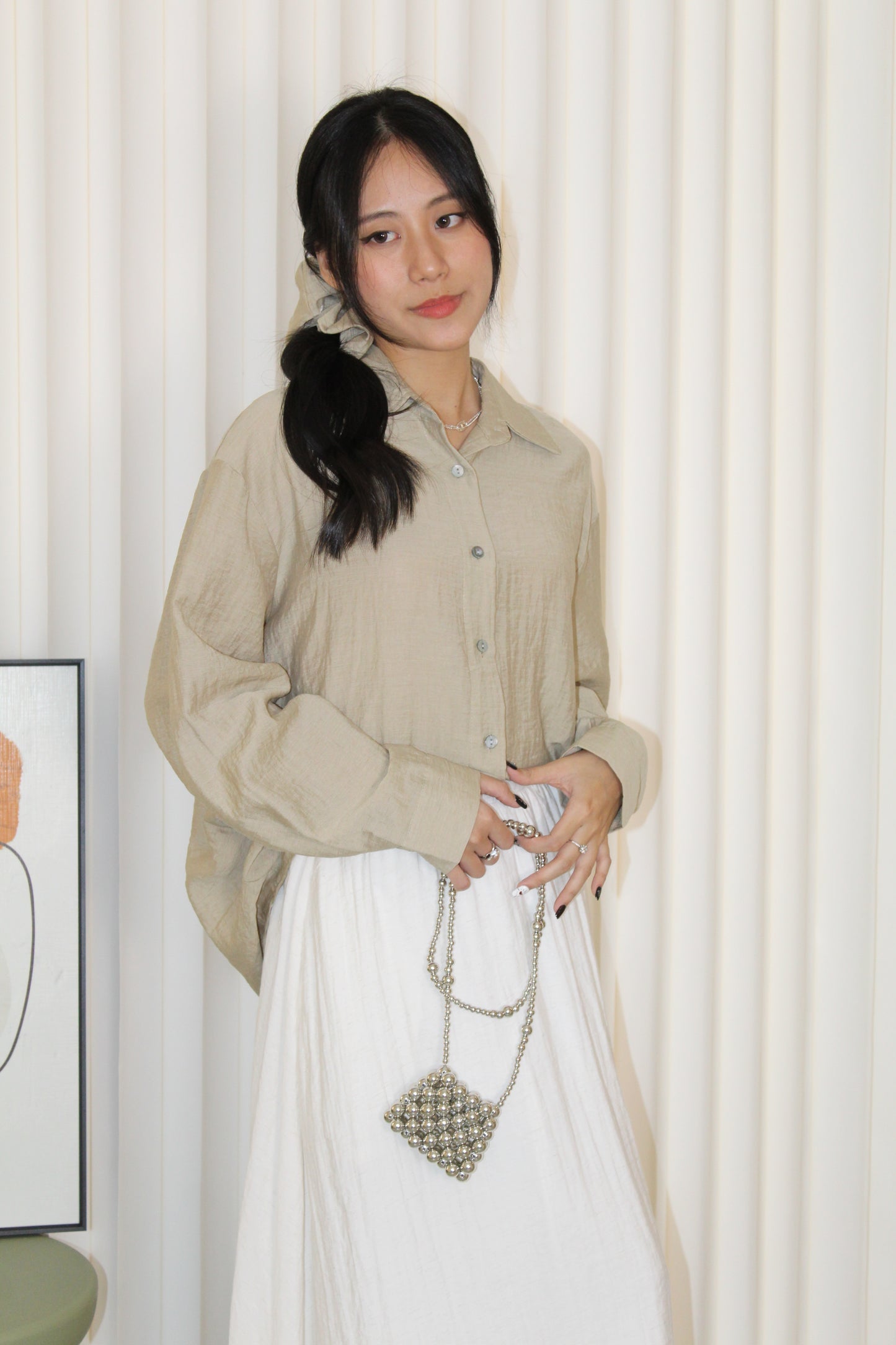 Joy Button Up Blouse Top (Khaki)