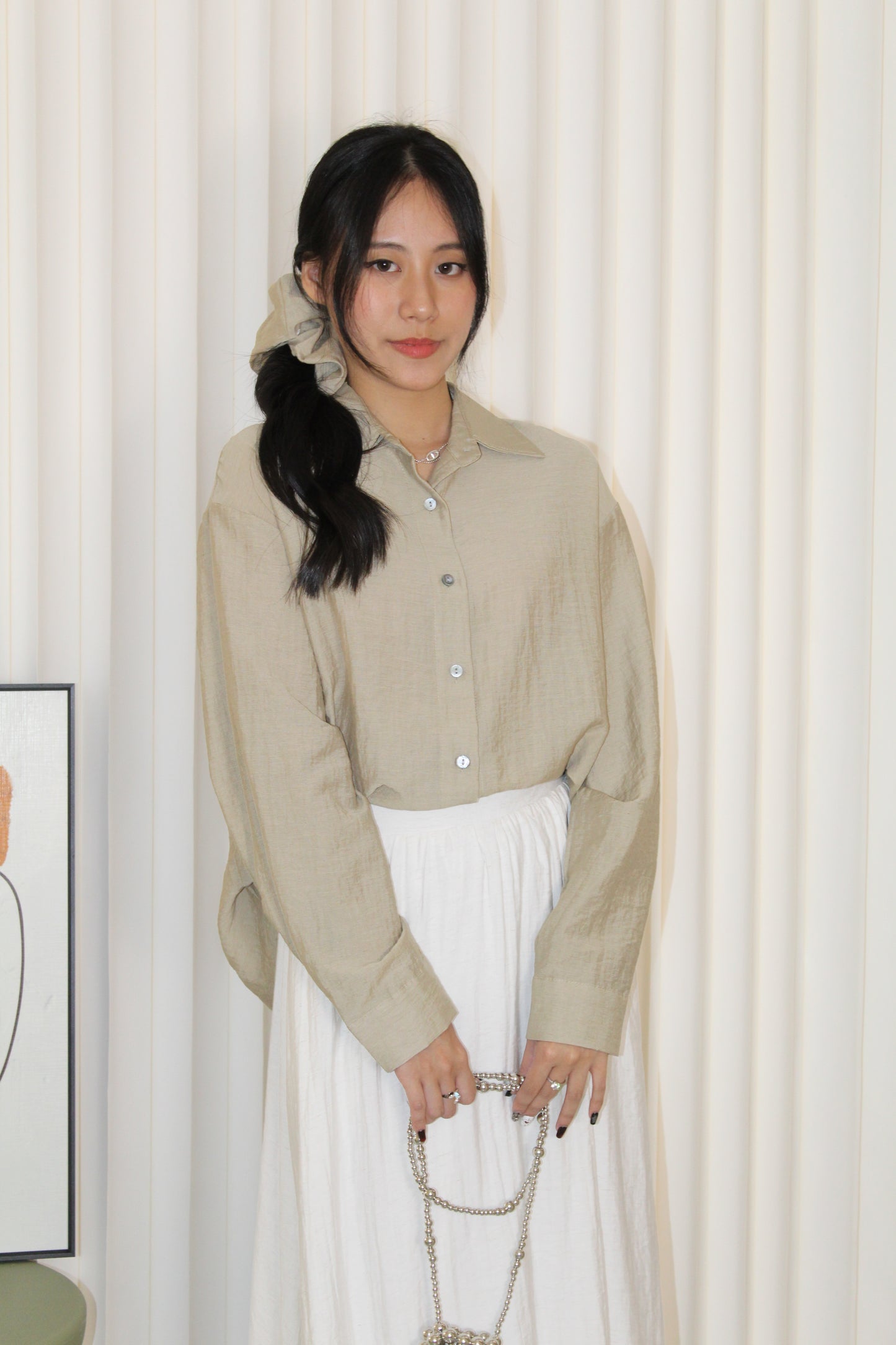 Joy Button Up Blouse Top (Khaki)