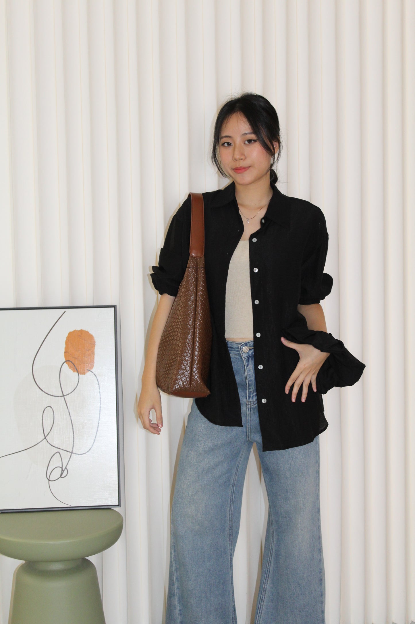 Joy Button Up Blouse Top (Khaki)