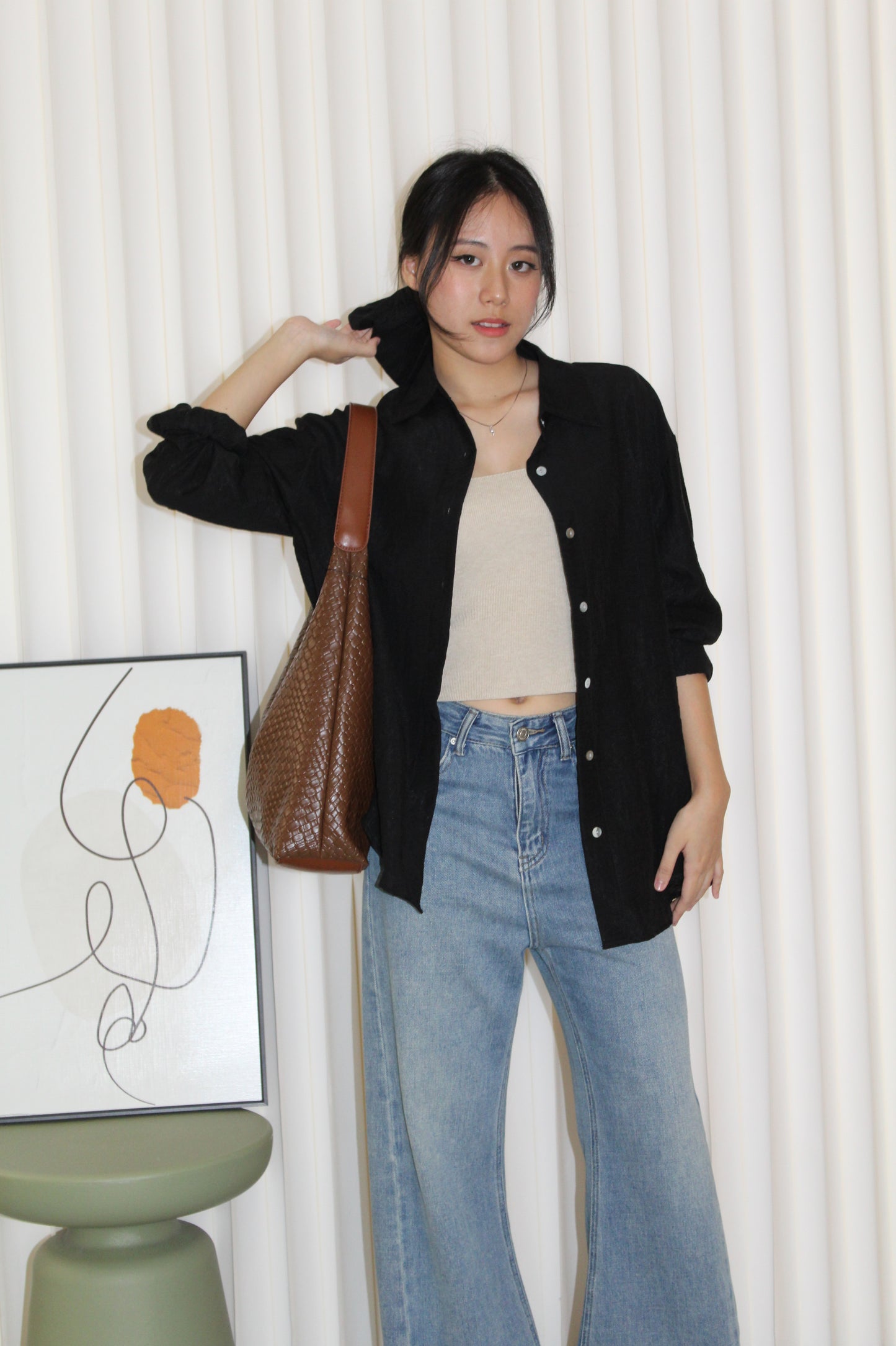 Joy Button Up Blouse Top (Khaki)