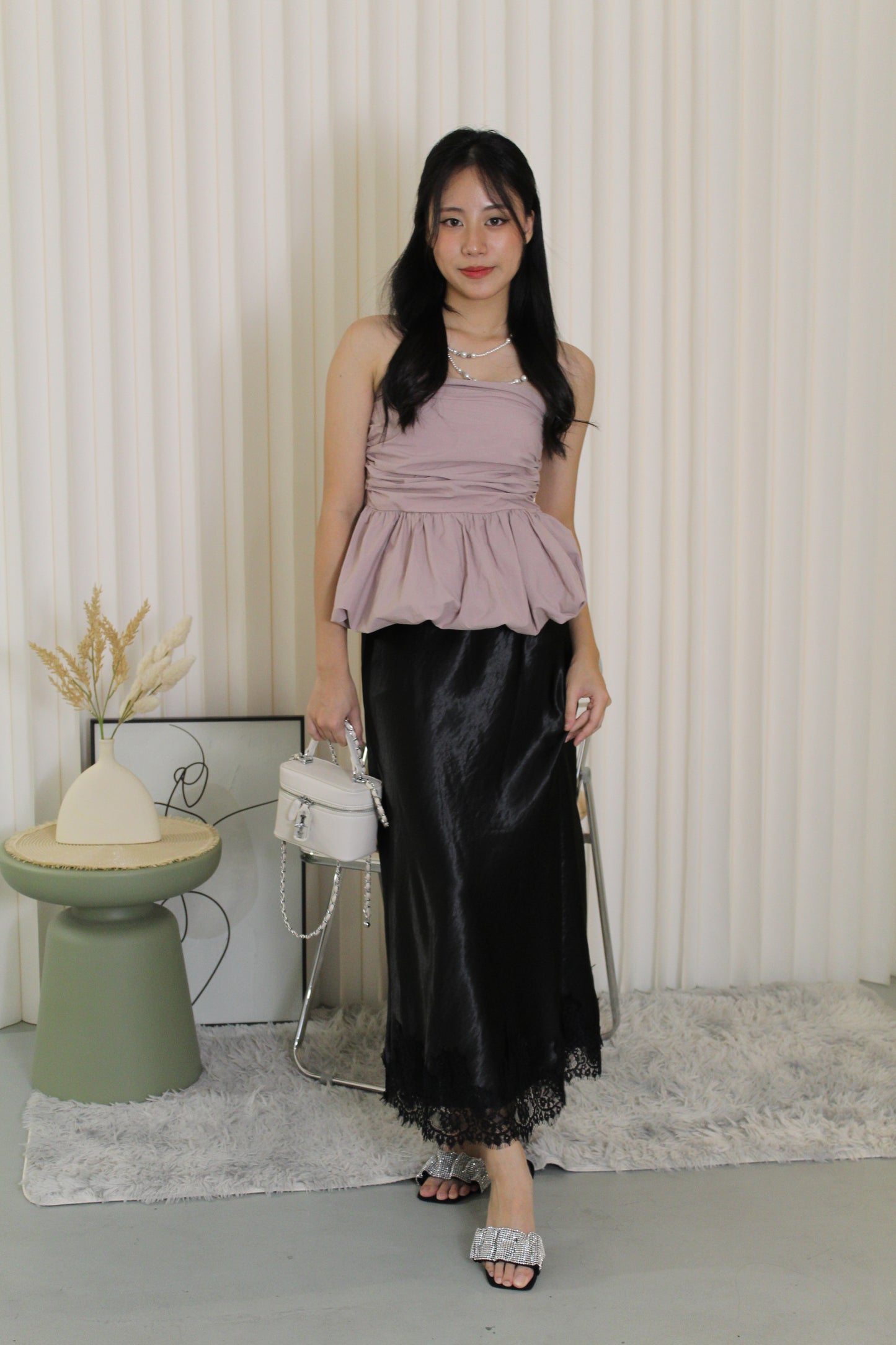 Tessa Lace Satin Maxi Skirt (Black)