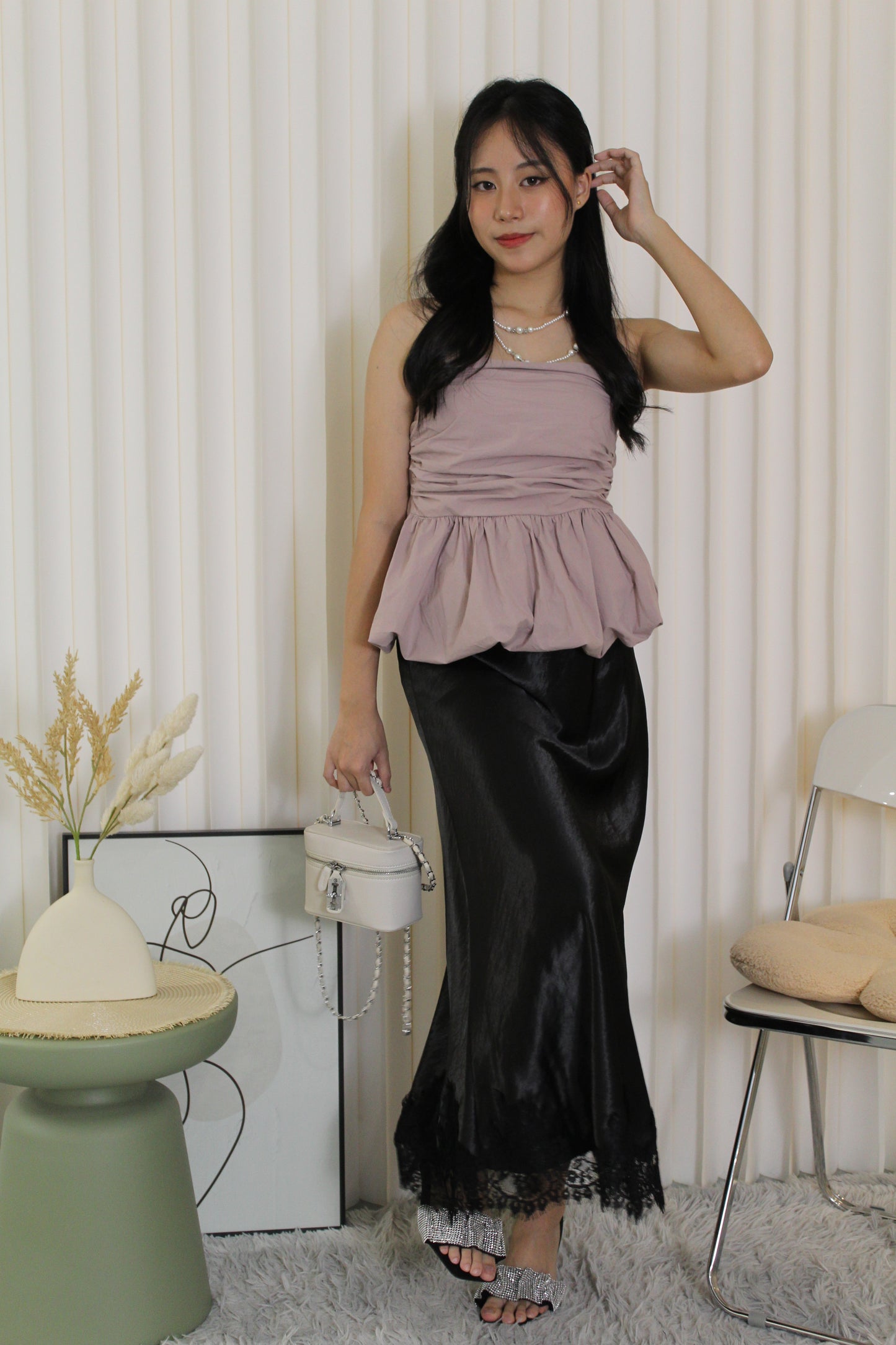 Tessa Lace Satin Maxi Skirt (Black)