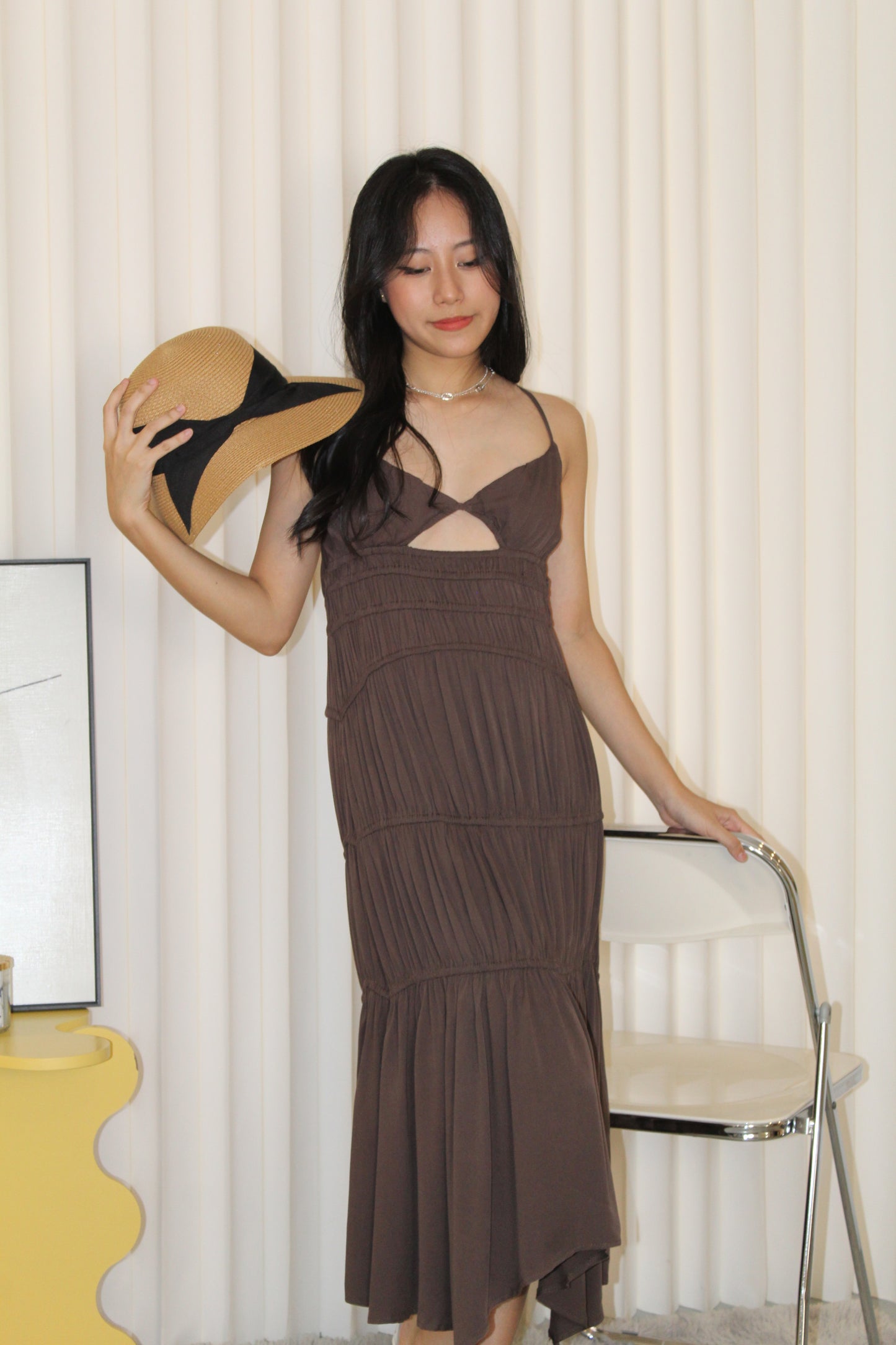 Aubrey Deep V Bare Back Dress (Brown)