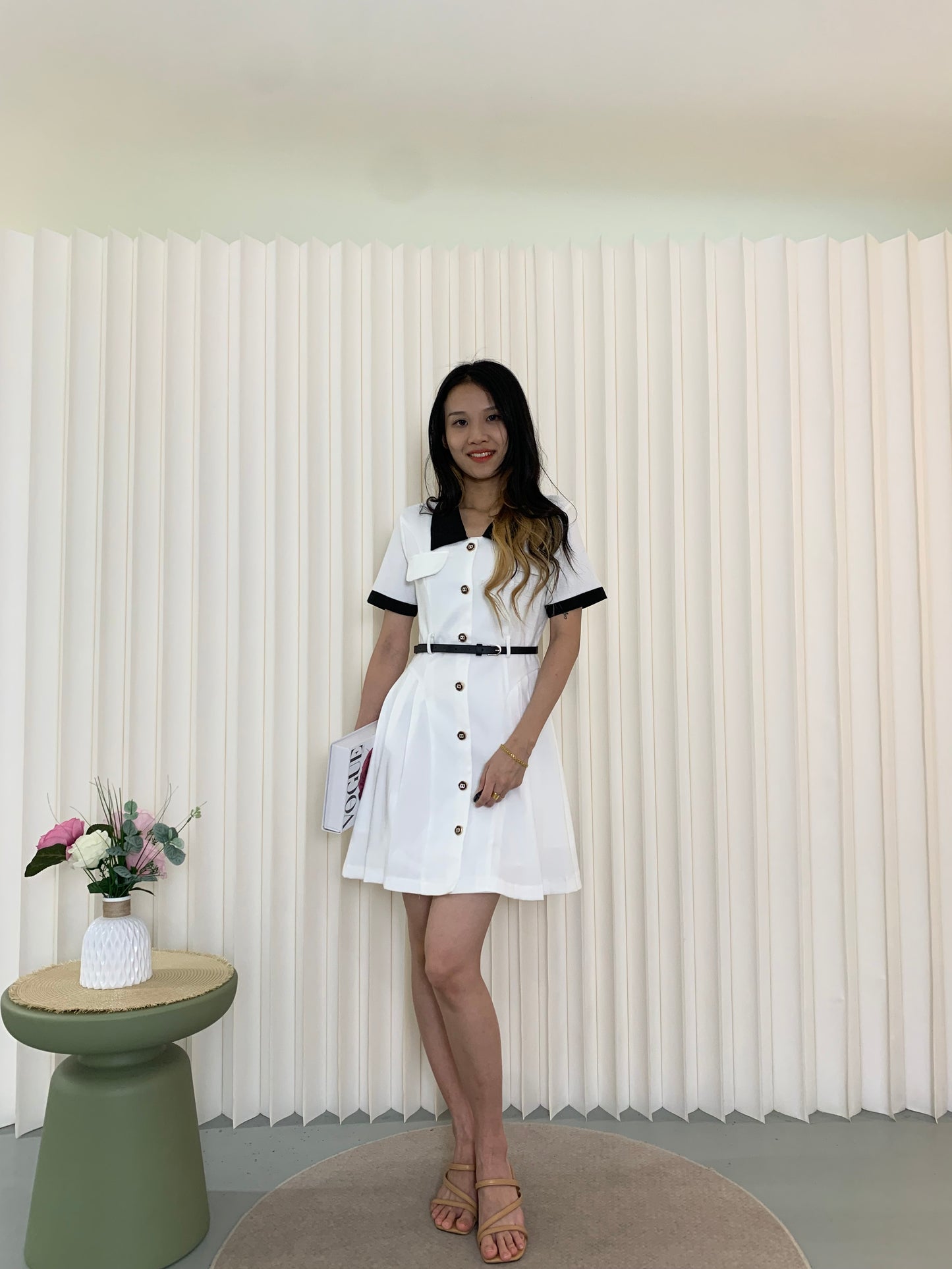 Fannie Collared Mini Dress with Belt (White)