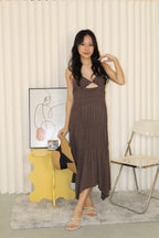 Aubrey Deep V Bare Back Dress (Brown)