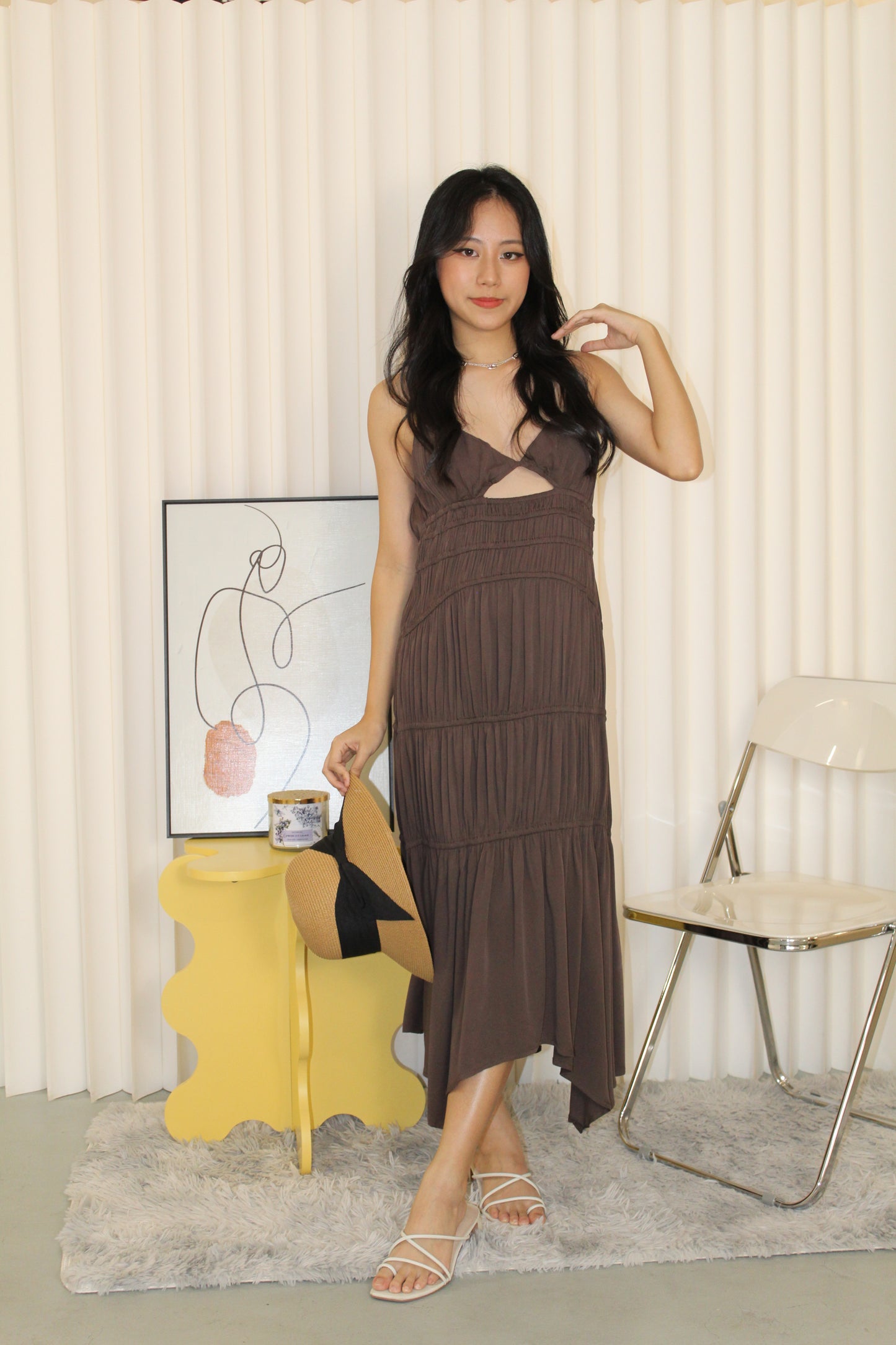 Aubrey Deep V Bare Back Dress (Brown)