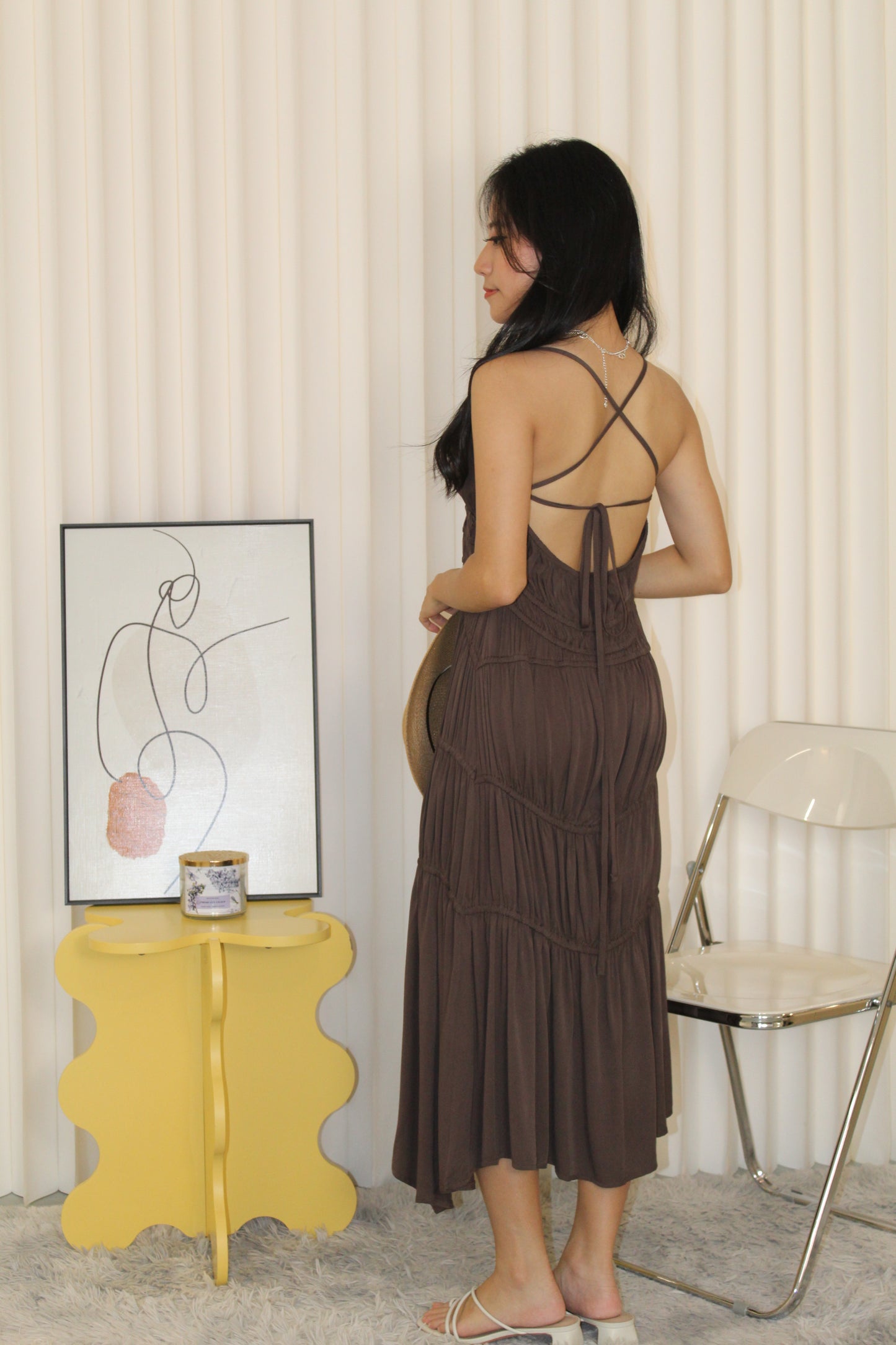 Aubrey Deep V Bare Back Dress (Brown)