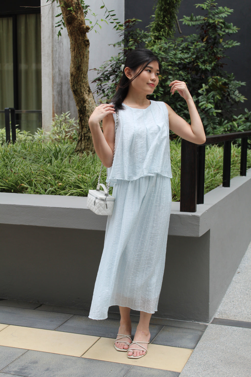 Vertie Bling Flare Two Piece Skirt Set (Cream)