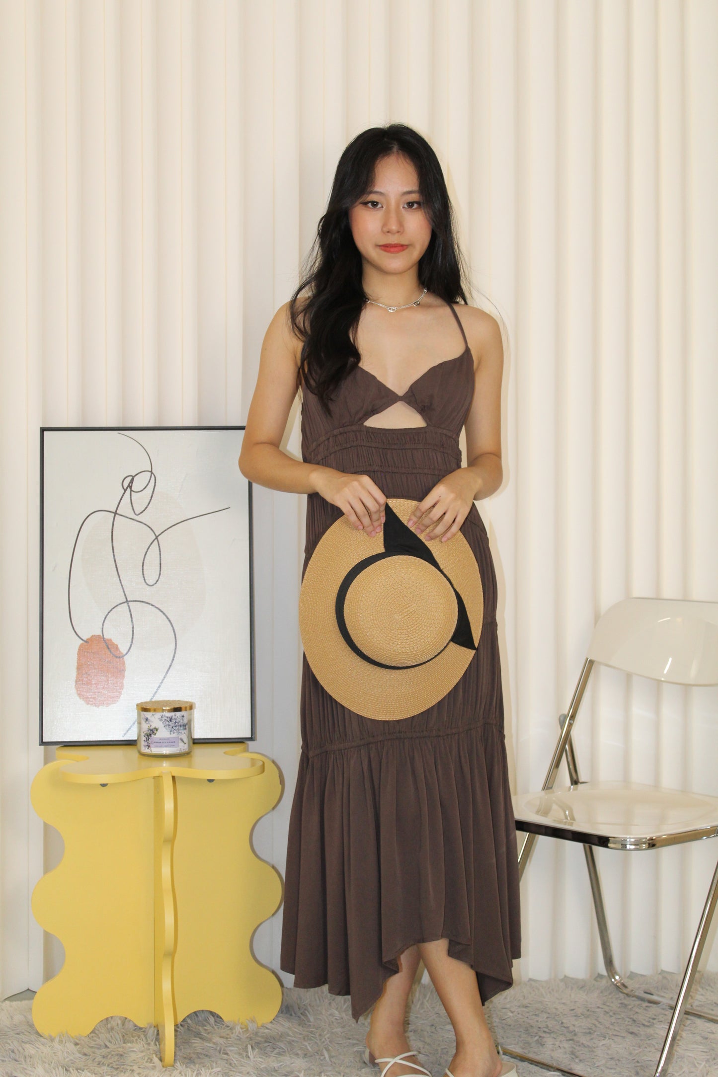 Aubrey Deep V Bare Back Dress (Brown)