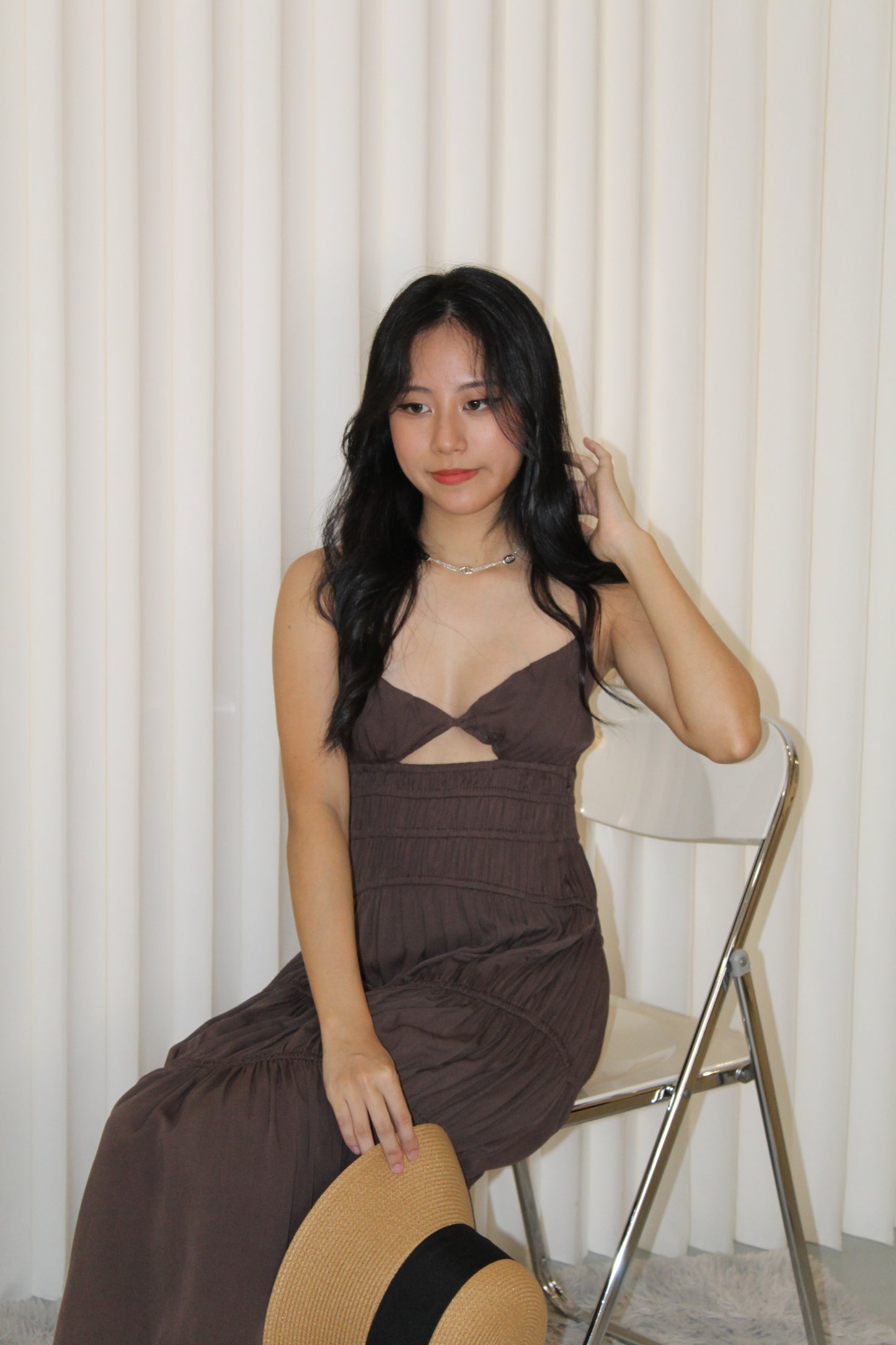 Aubrey Deep V Bare Back Dress (Brown)