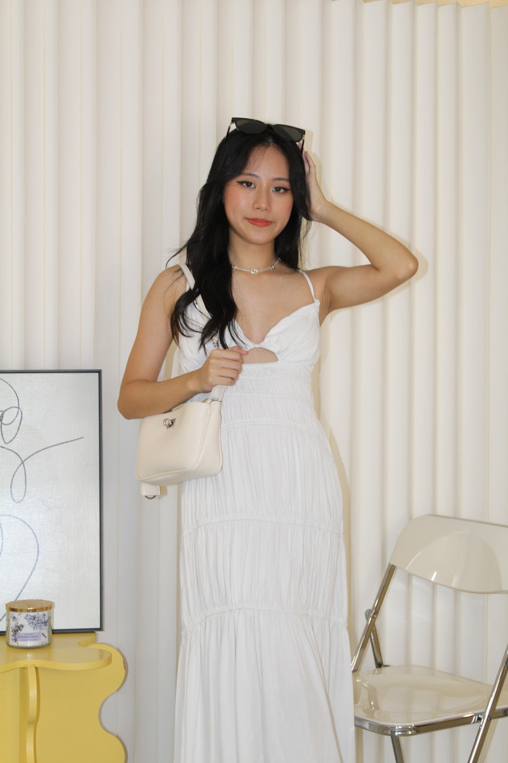 Aubrey Deep V Bare Back Dress (White)