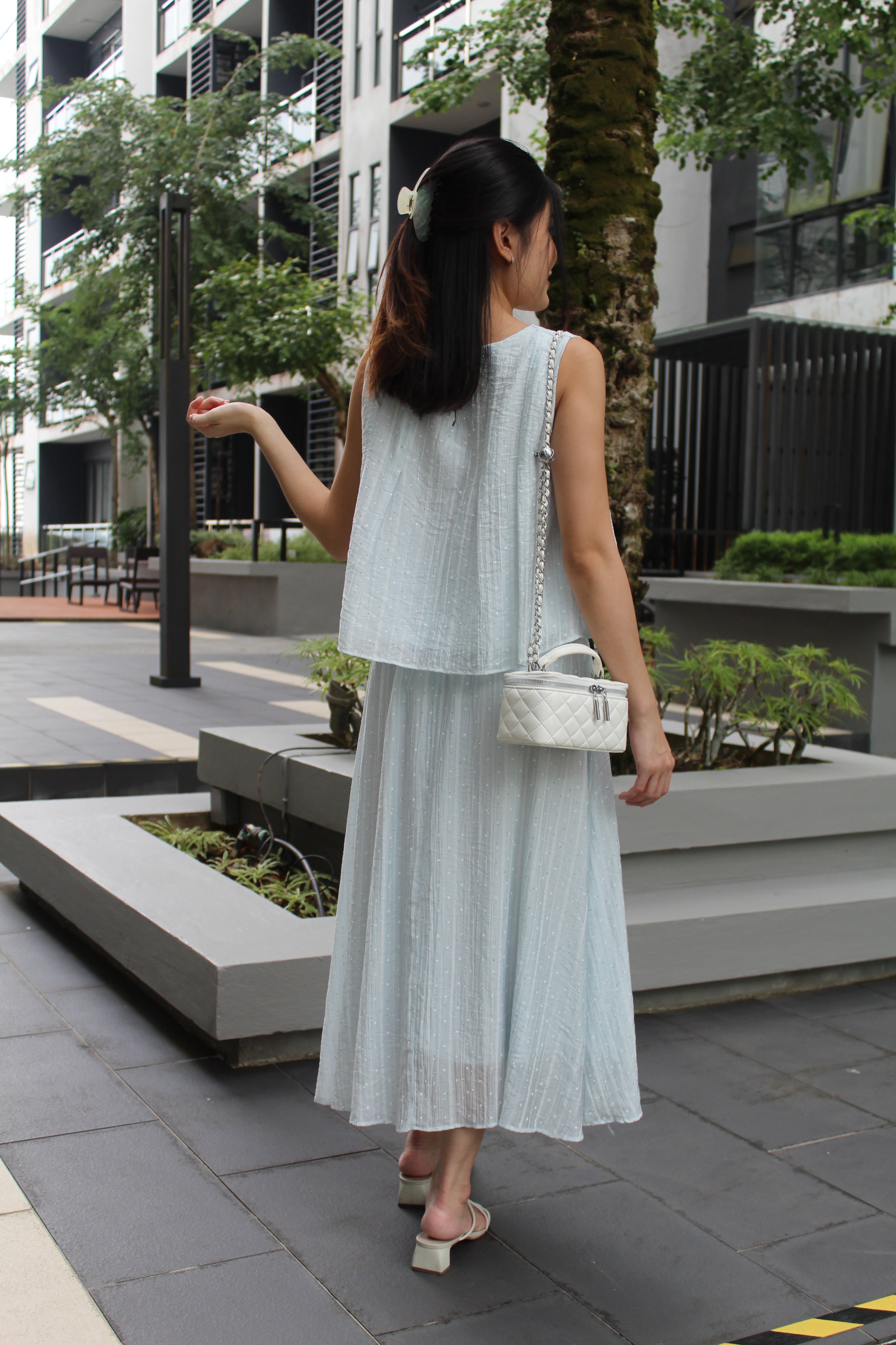 Vertie Bling Flare Two Piece Skirt Set (Blue)