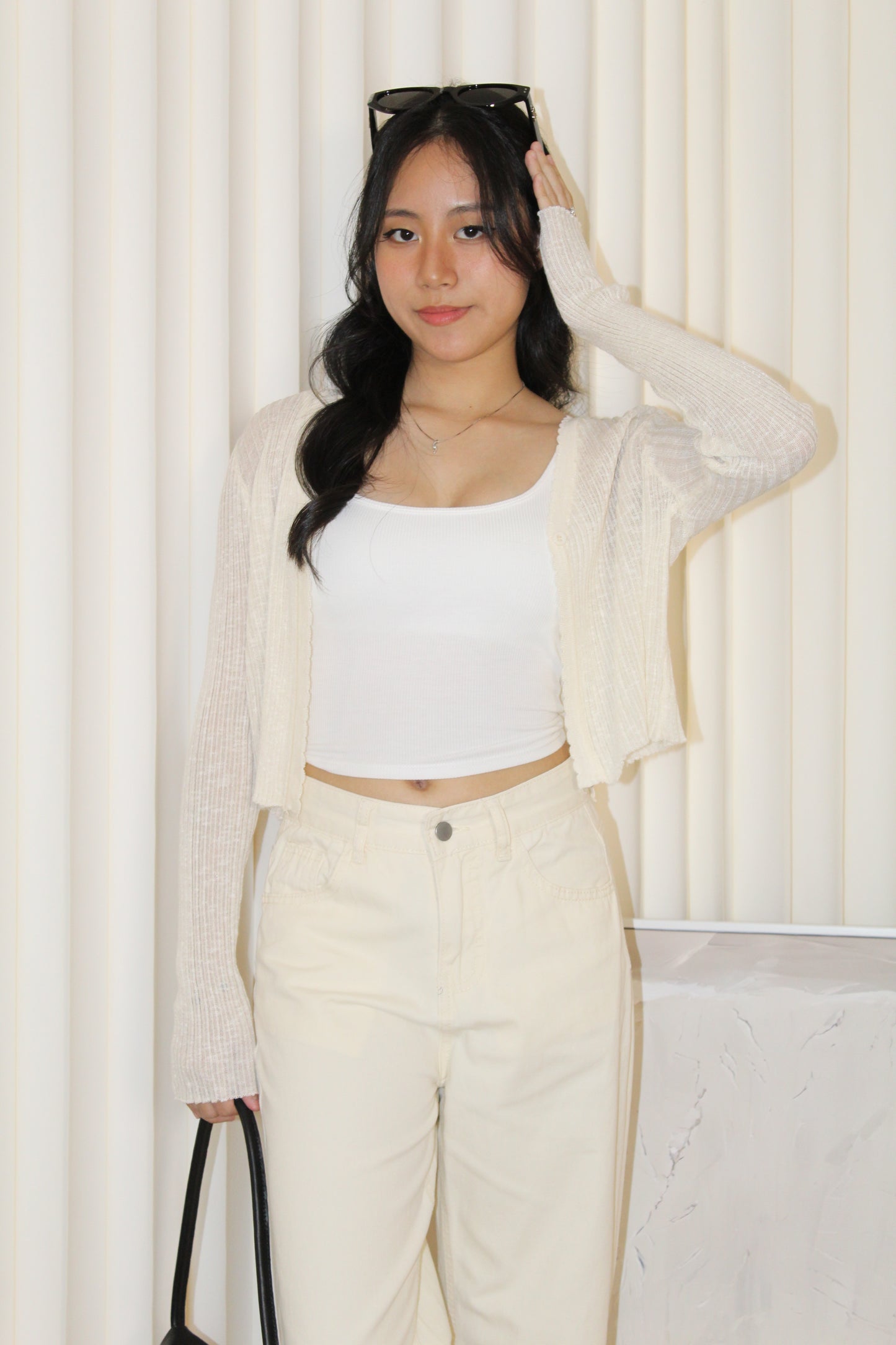 Elena Sheer Crop Cardigan (Cream)
