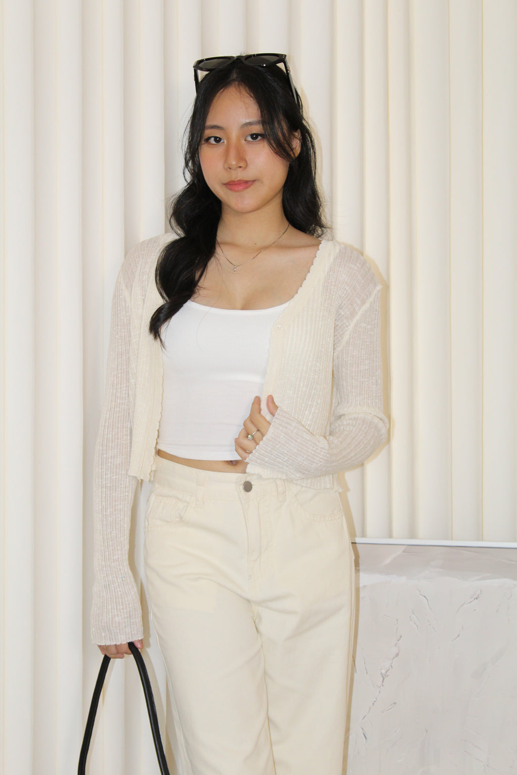 Elena Sheer Crop Cardigan (Cream)