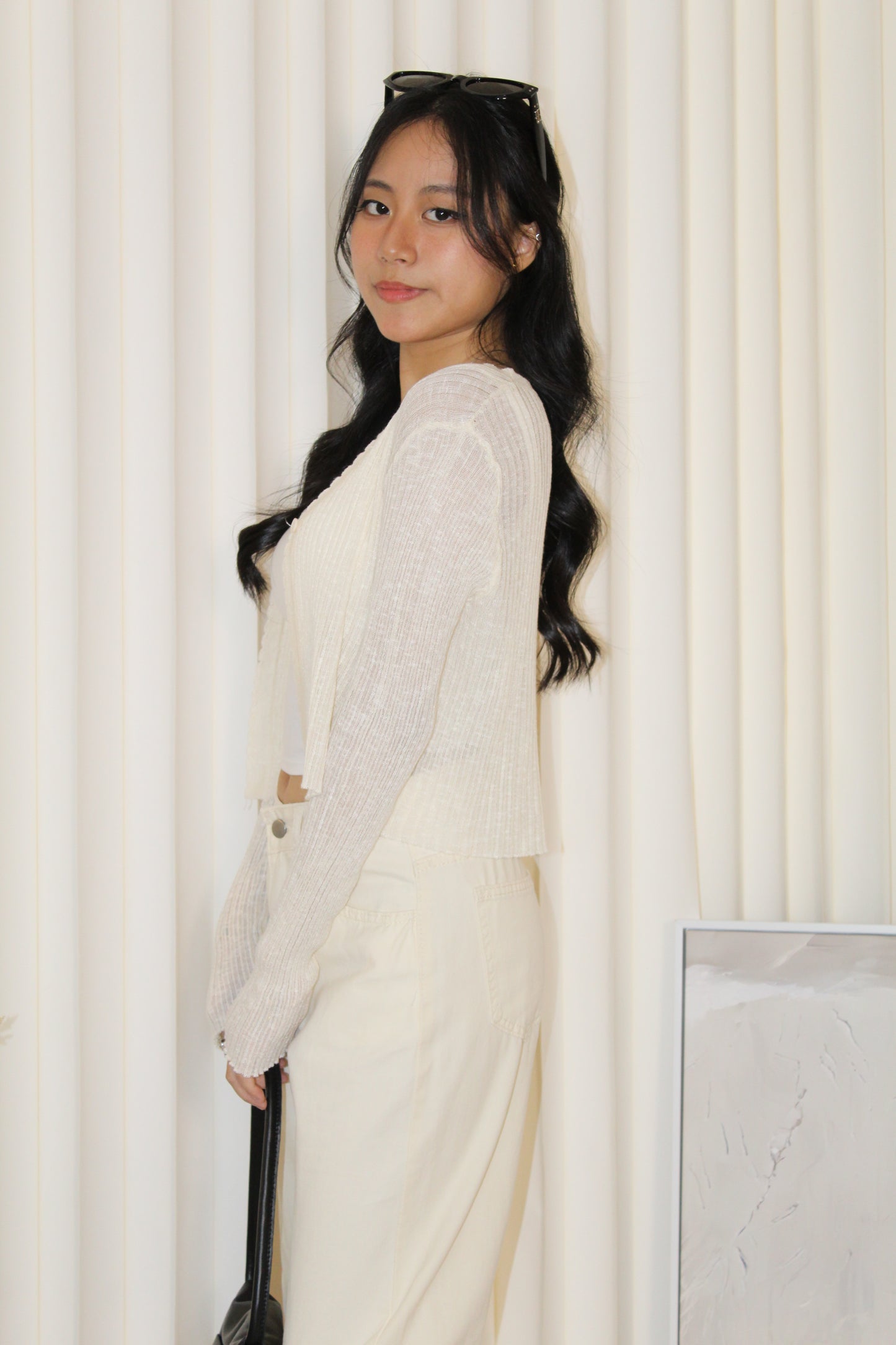 Elena Sheer Crop Cardigan (Cream)