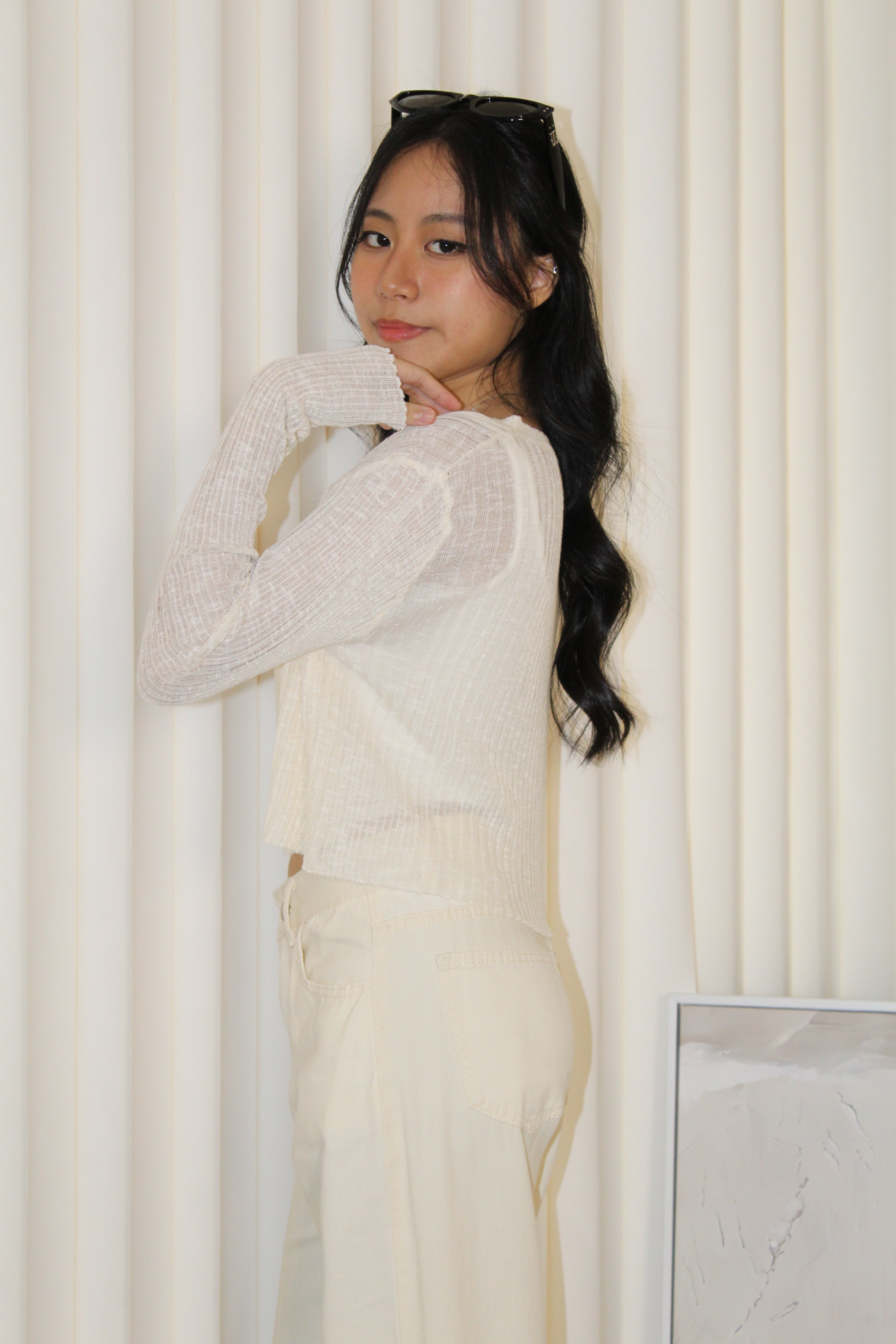 Elena Sheer Crop Cardigan (Cream)