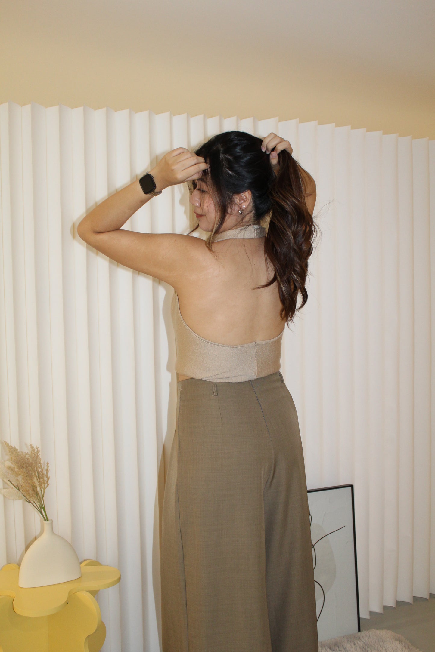 Aurelia Drape Neck Bare Back Top (Khaki)